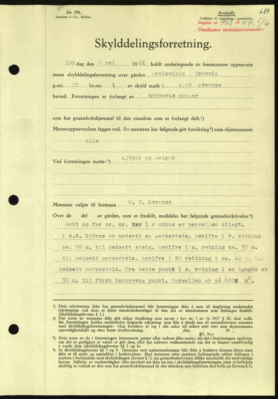 Nordmøre sorenskriveri, AV/SAT-A-4132/1/2/2Ca: Mortgage book no. A97, 1944-1944, Diary no: : 968/1944