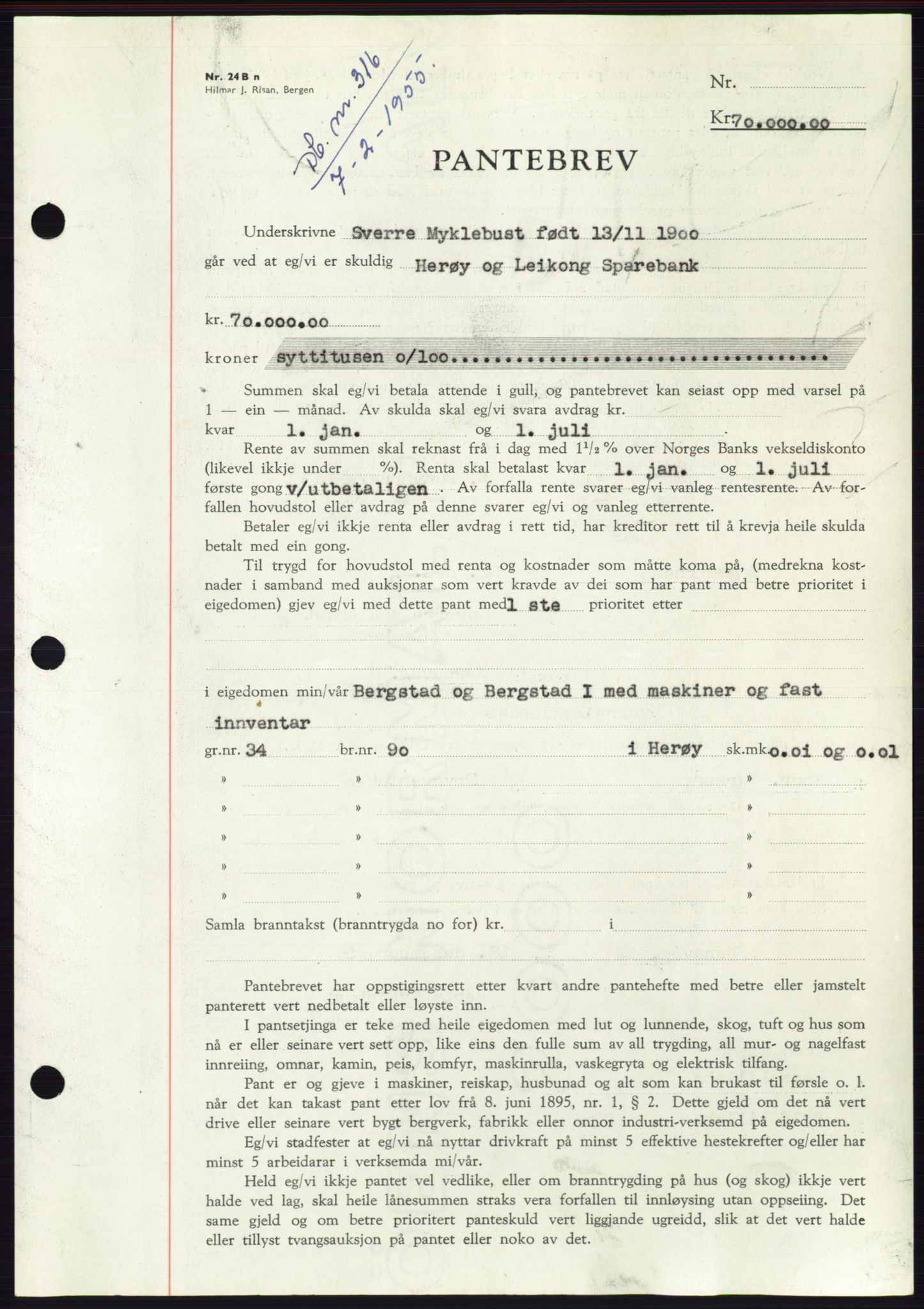 Søre Sunnmøre sorenskriveri, AV/SAT-A-4122/1/2/2C/L0126: Mortgage book no. 14B, 1954-1955, Diary no: : 316/1955