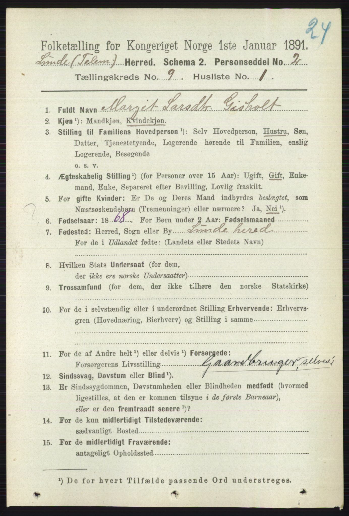 RA, 1891 census for 0820 Lunde, 1891, p. 2724