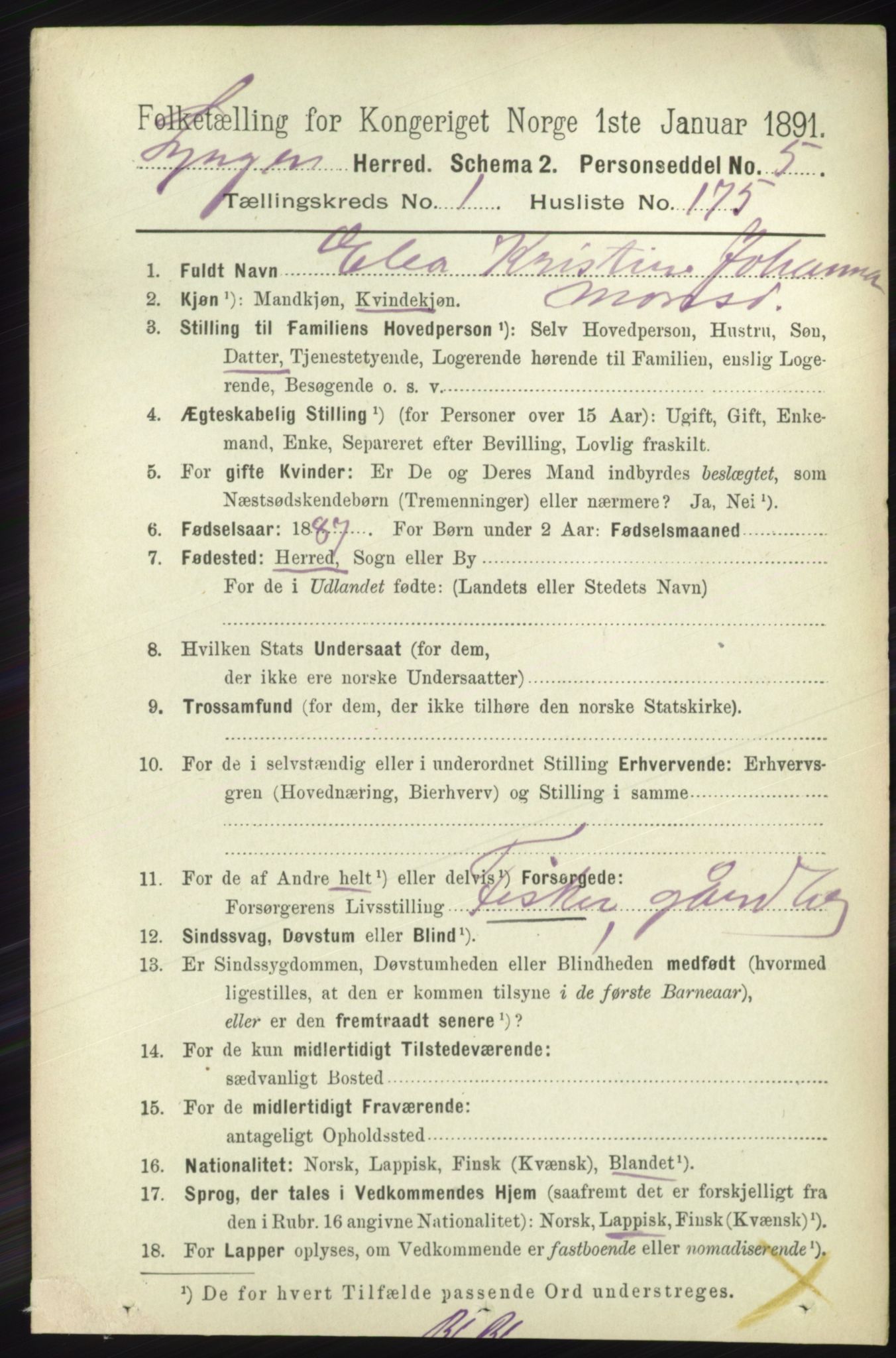 RA, 1891 census for 1938 Lyngen, 1891, p. 1435