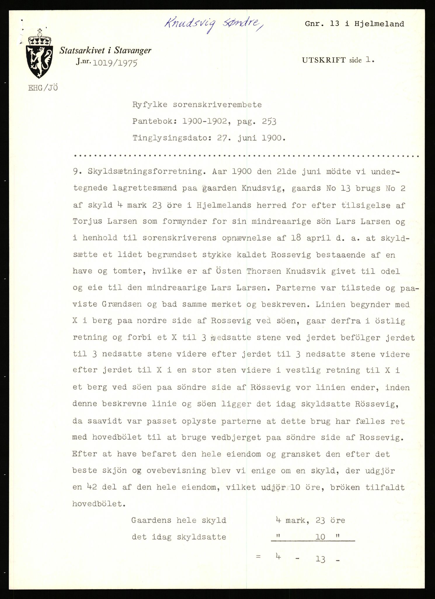 Statsarkivet i Stavanger, AV/SAST-A-101971/03/Y/Yj/L0048: Avskrifter sortert etter gårdsnavn: Kluge - Kristianslyst, 1750-1930, p. 97