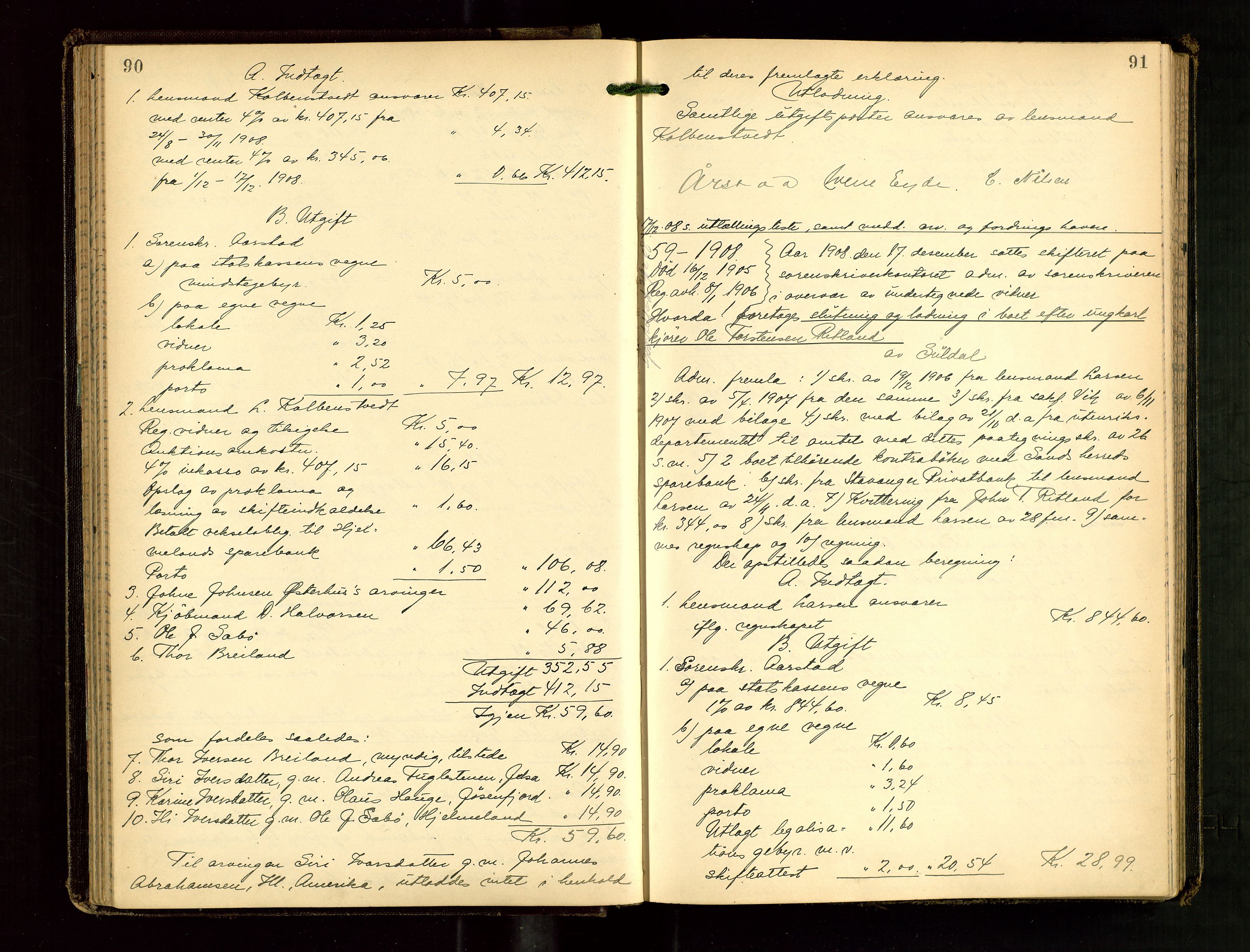 Ryfylke tingrett, AV/SAST-A-100055/001/IV/IVG/L0003: Skifteutlodningsprotokoll Med register, 1907-1912, p. 90-91