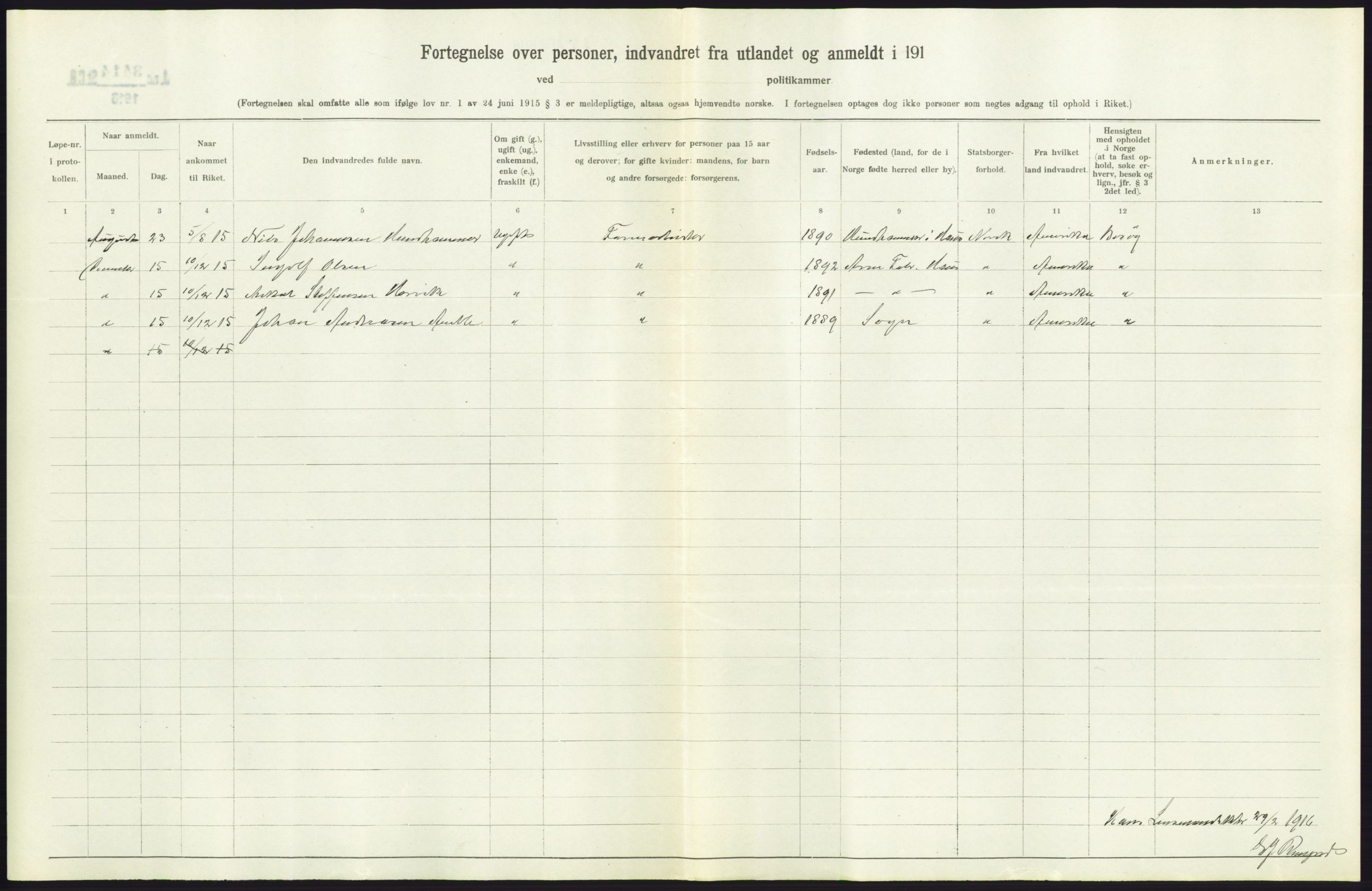 Statistisk sentralbyrå, Sosioøkonomiske emner, Folketellinger, boliger og boforhold, AV/RA-S-2231/F/Fa/L0001: Innvandring. Navn/fylkesvis, 1915, p. 424