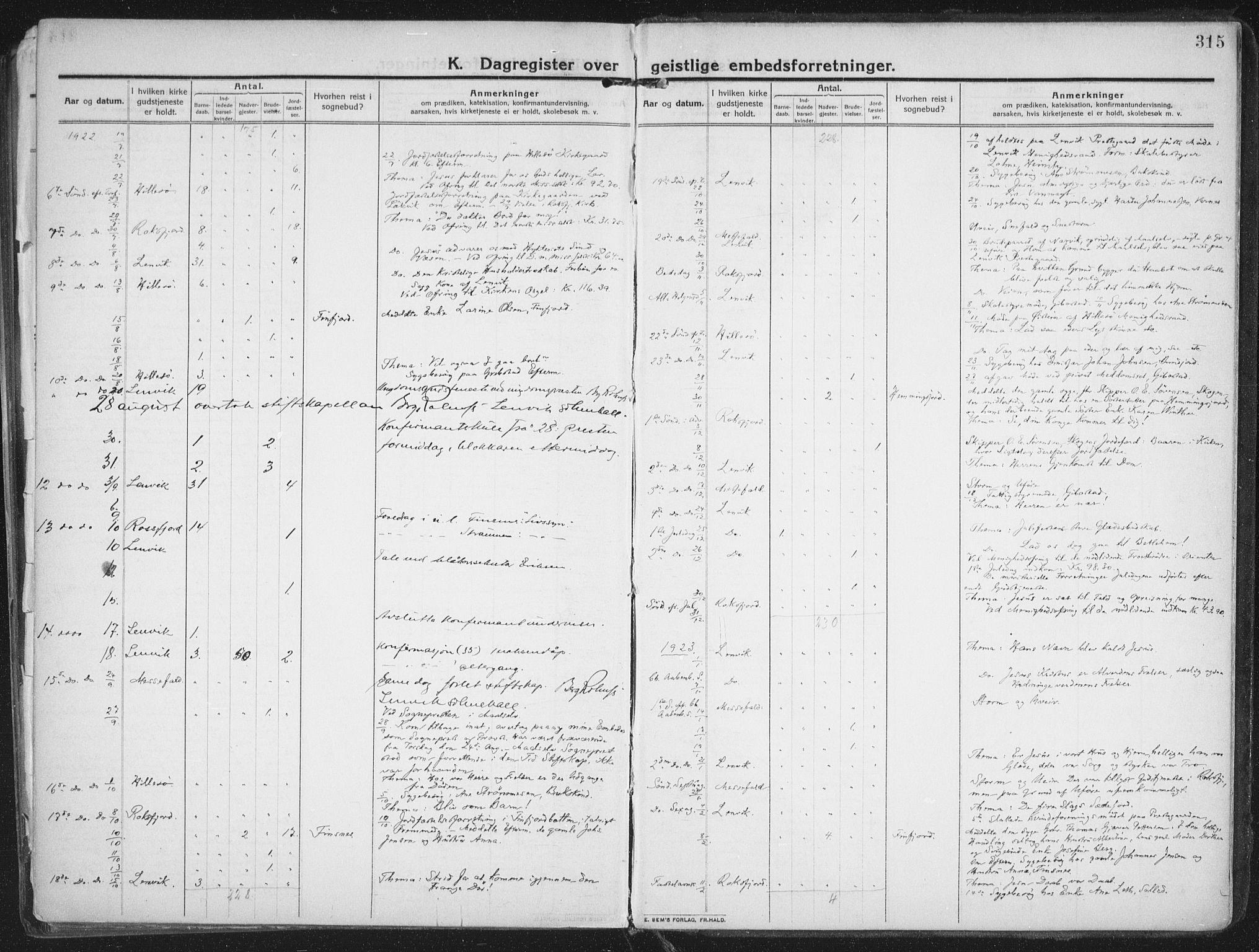 Lenvik sokneprestembete, SATØ/S-1310/H/Ha/Haa/L0016kirke: Parish register (official) no. 16, 1910-1924, p. 315