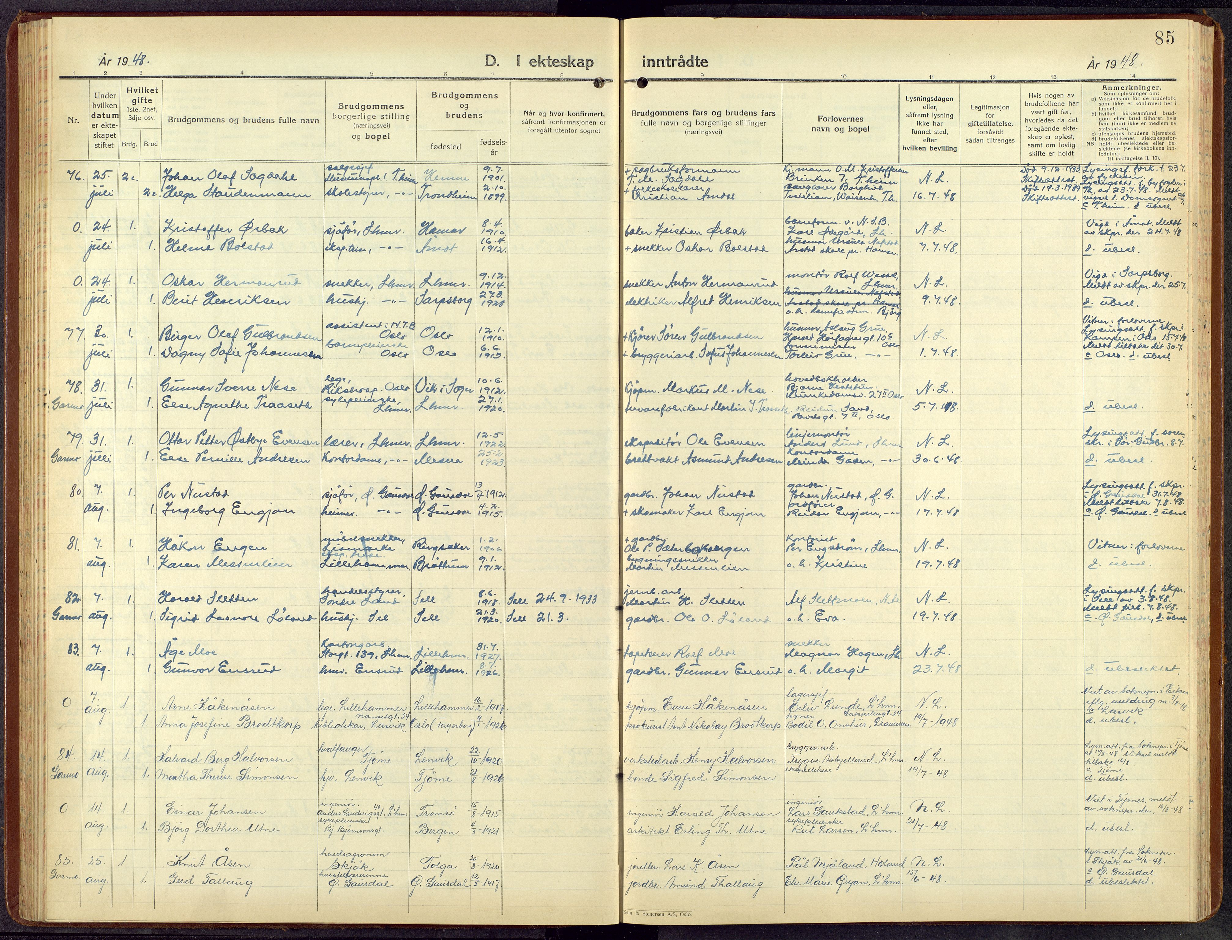 Lillehammer prestekontor, AV/SAH-PREST-088/H/Ha/Hab/L0004: Parish register (copy) no. 4, 1940-1955, p. 85