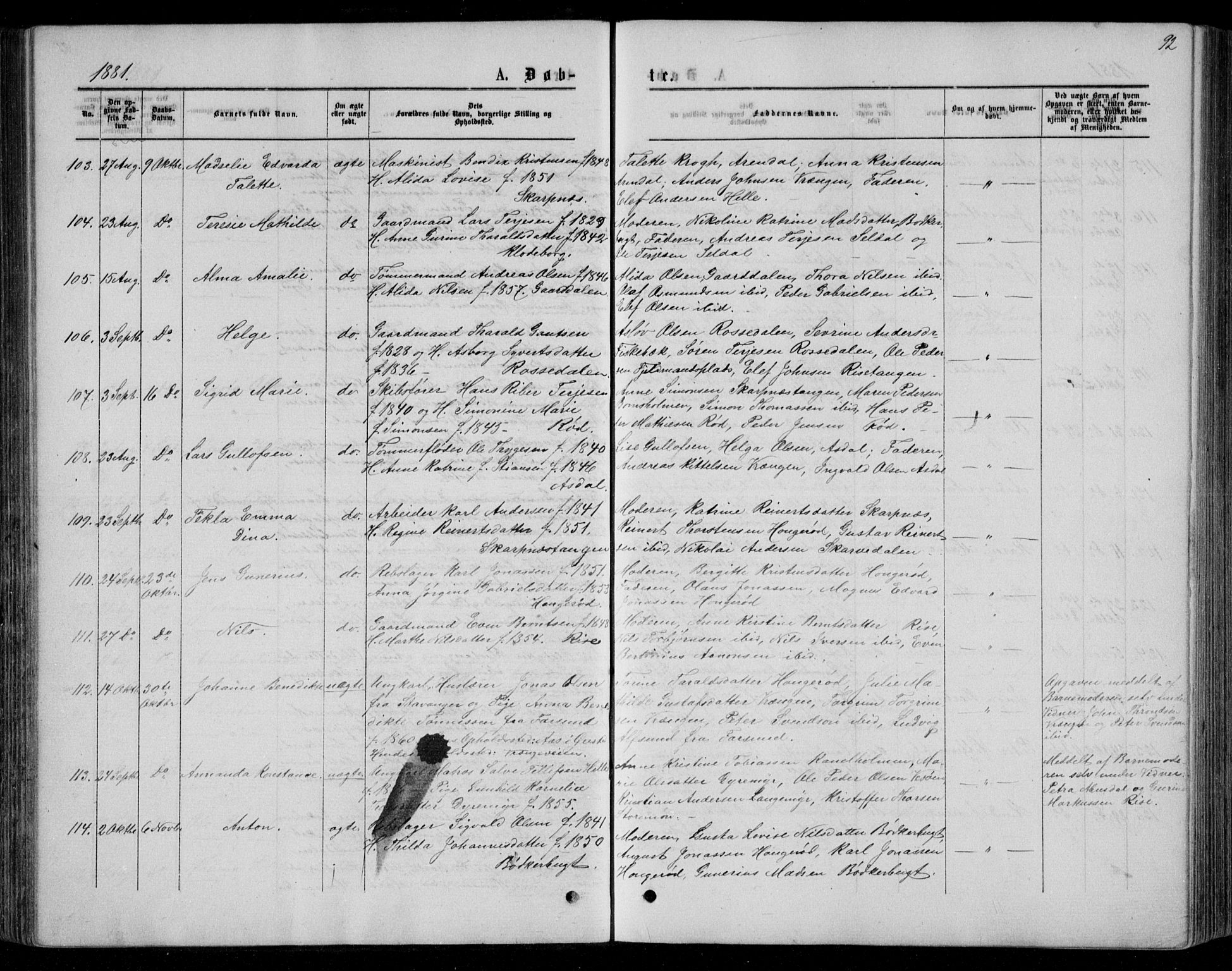 Øyestad sokneprestkontor, AV/SAK-1111-0049/F/Fb/L0008: Parish register (copy) no. B 8, 1872-1886, p. 92