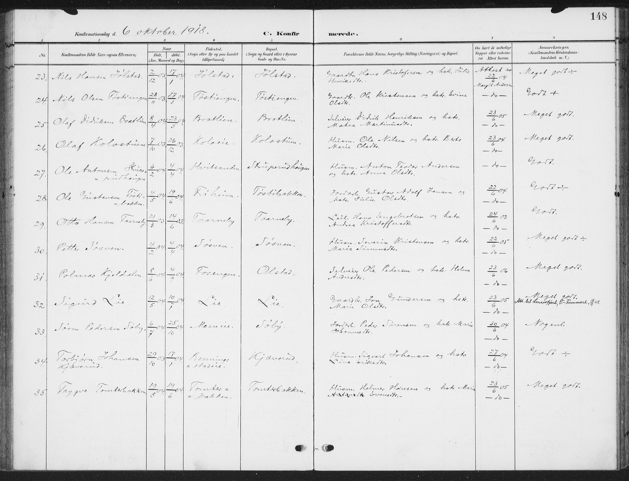 Romedal prestekontor, AV/SAH-PREST-004/K/L0009: Parish register (official) no. 9, 1906-1929, p. 148