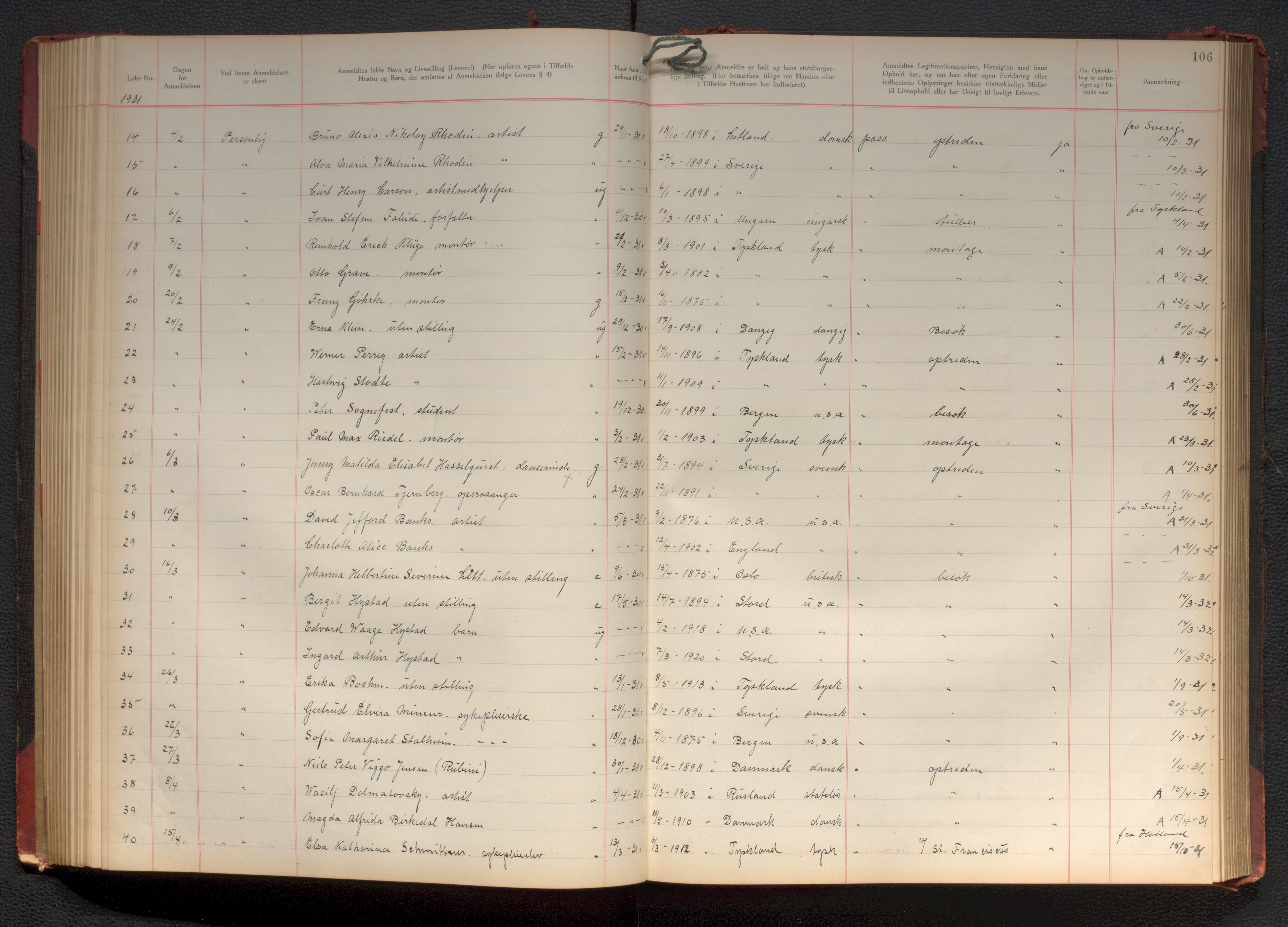 Bergen politikammer / politidistrikt, AV/SAB-A-60401/J.d/L0004: Fremmedprotokoll, 1925-1936, p. 106