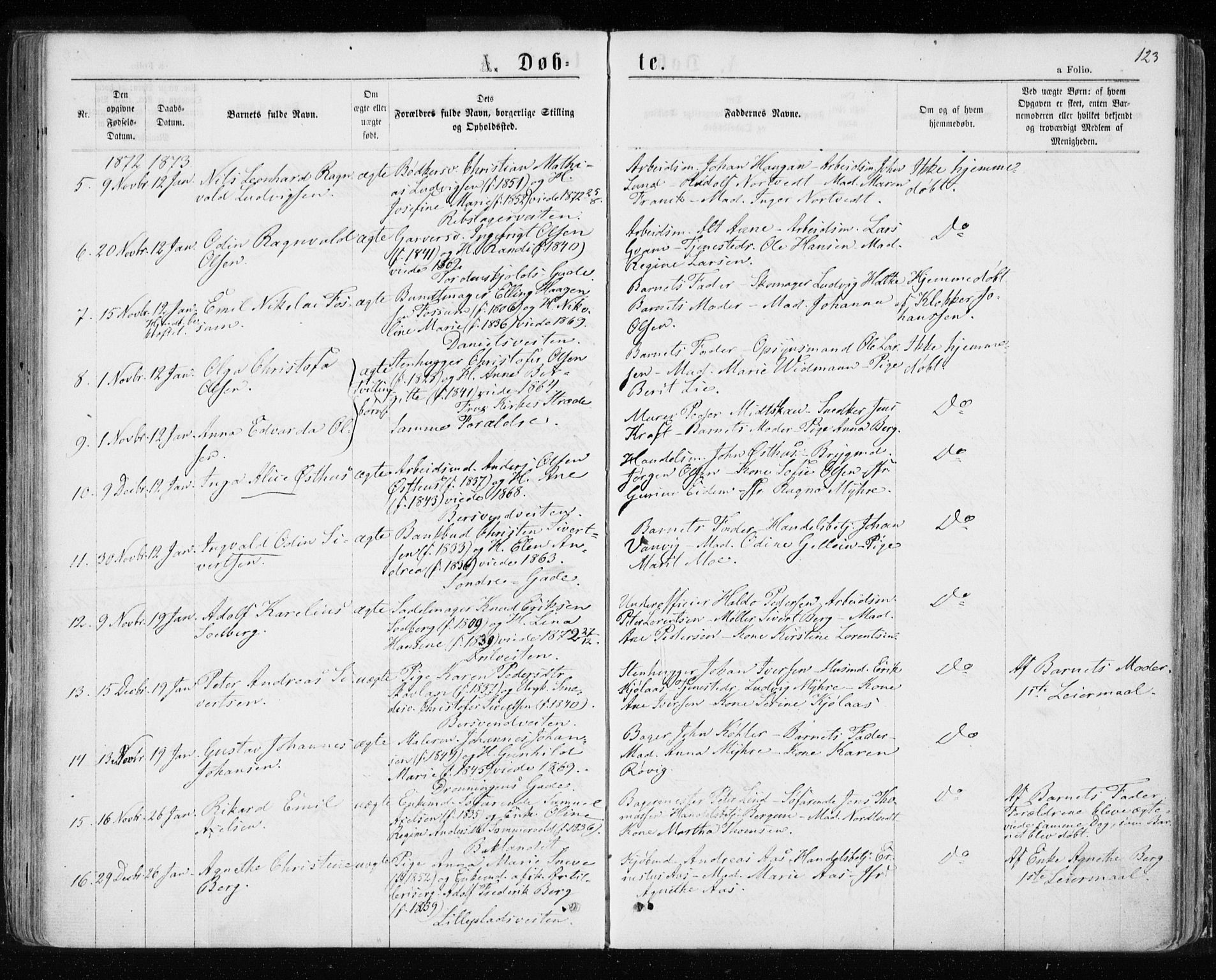 Ministerialprotokoller, klokkerbøker og fødselsregistre - Sør-Trøndelag, SAT/A-1456/601/L0054: Parish register (official) no. 601A22, 1866-1877, p. 123