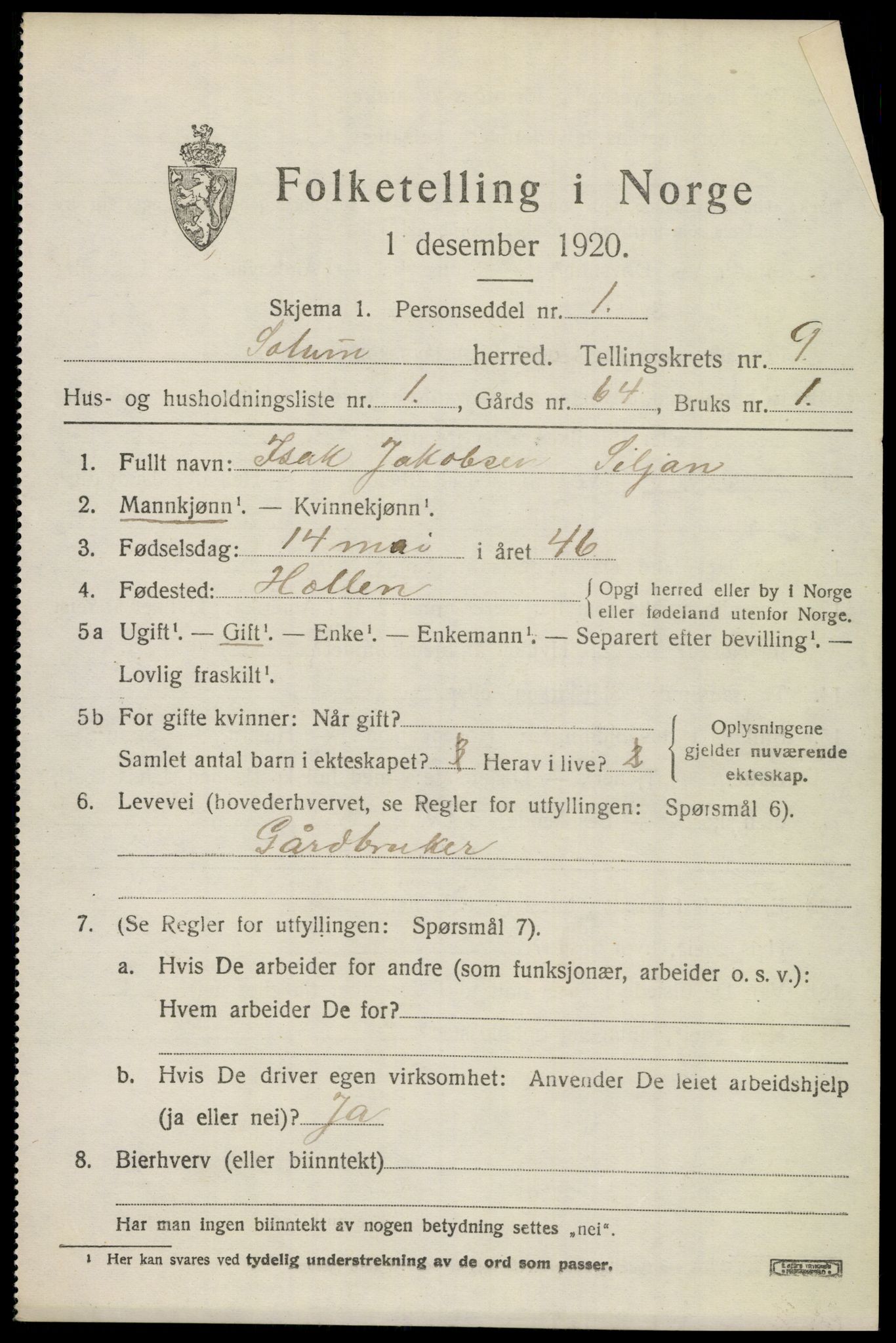 SAKO, 1920 census for Solum, 1920, p. 14638