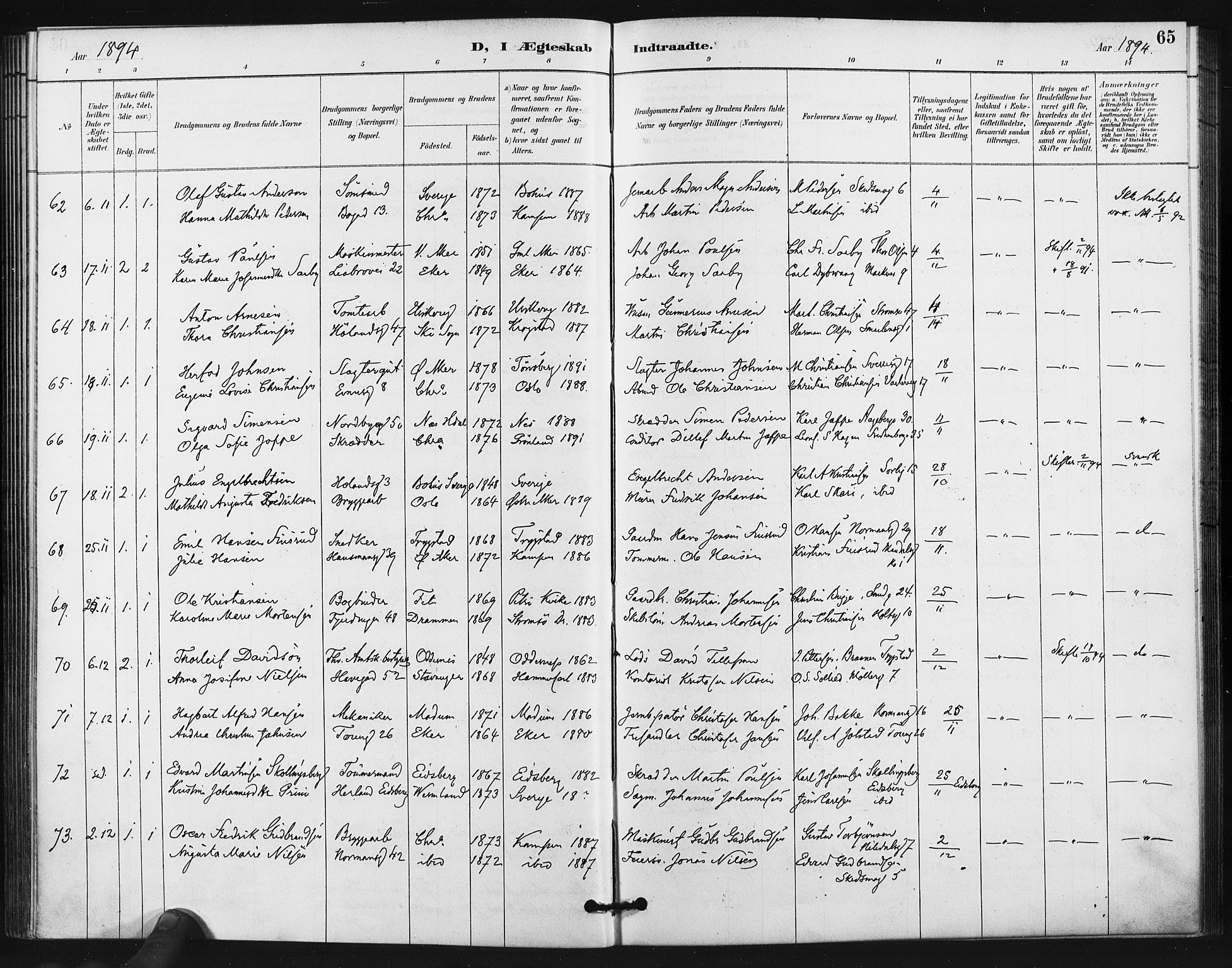 Kampen prestekontor Kirkebøker, SAO/A-10853/F/Fa/L0006: Parish register (official) no. I 6, 1889-1896, p. 65