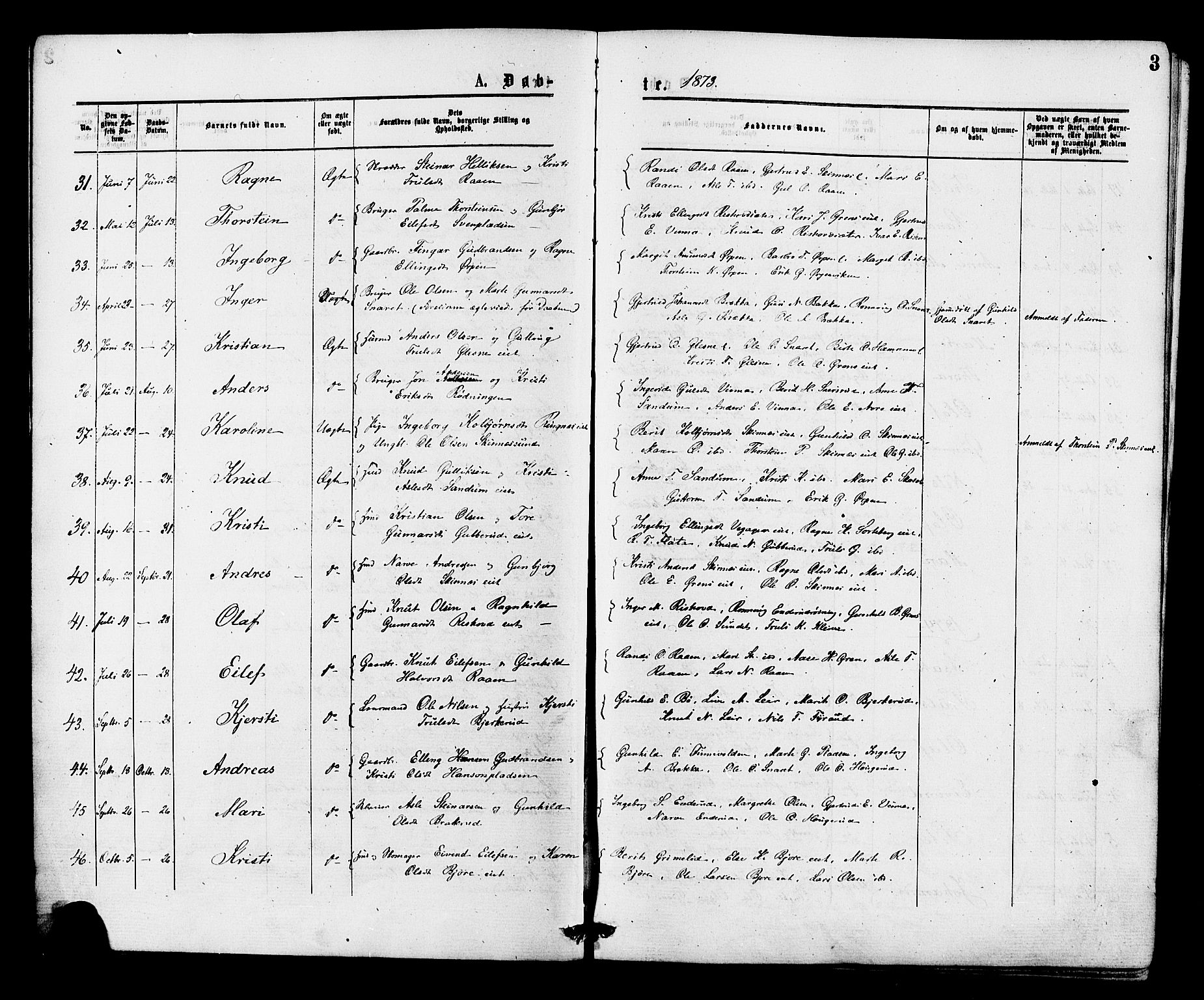 Krødsherad kirkebøker, AV/SAKO-A-19/F/Fa/L0004: Parish register (official) no. 4, 1873-1878, p. 3