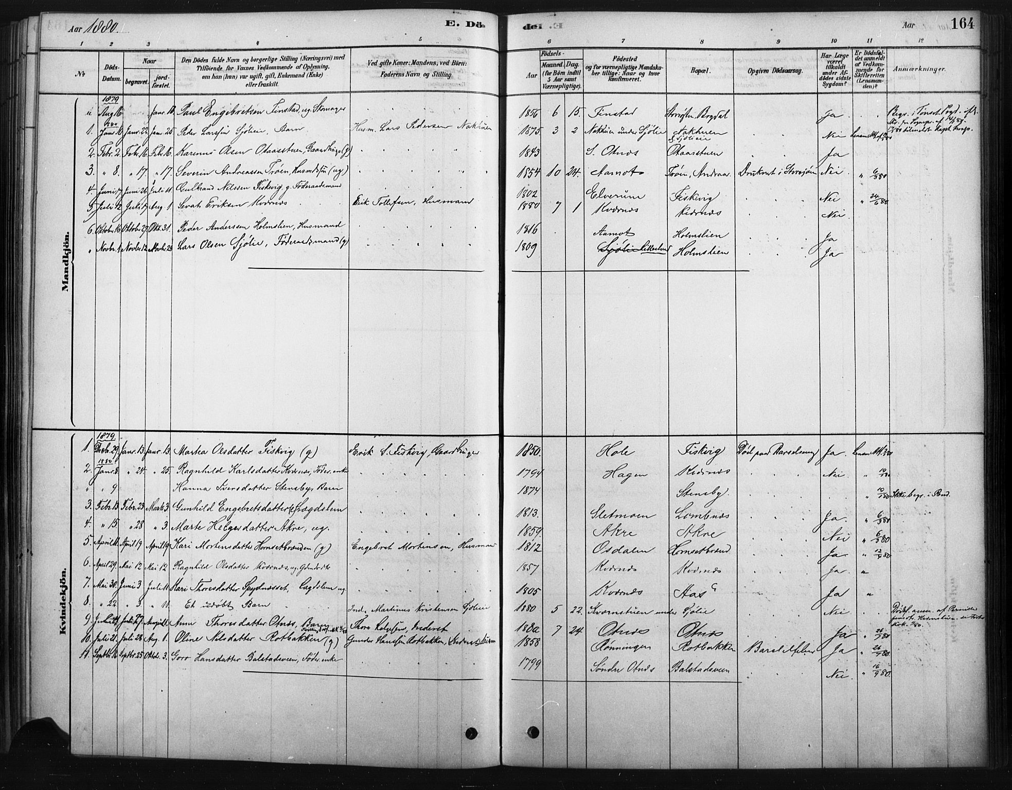 Rendalen prestekontor, AV/SAH-PREST-054/H/Ha/Haa/L0010: Parish register (official) no. 10, 1878-1901, p. 164