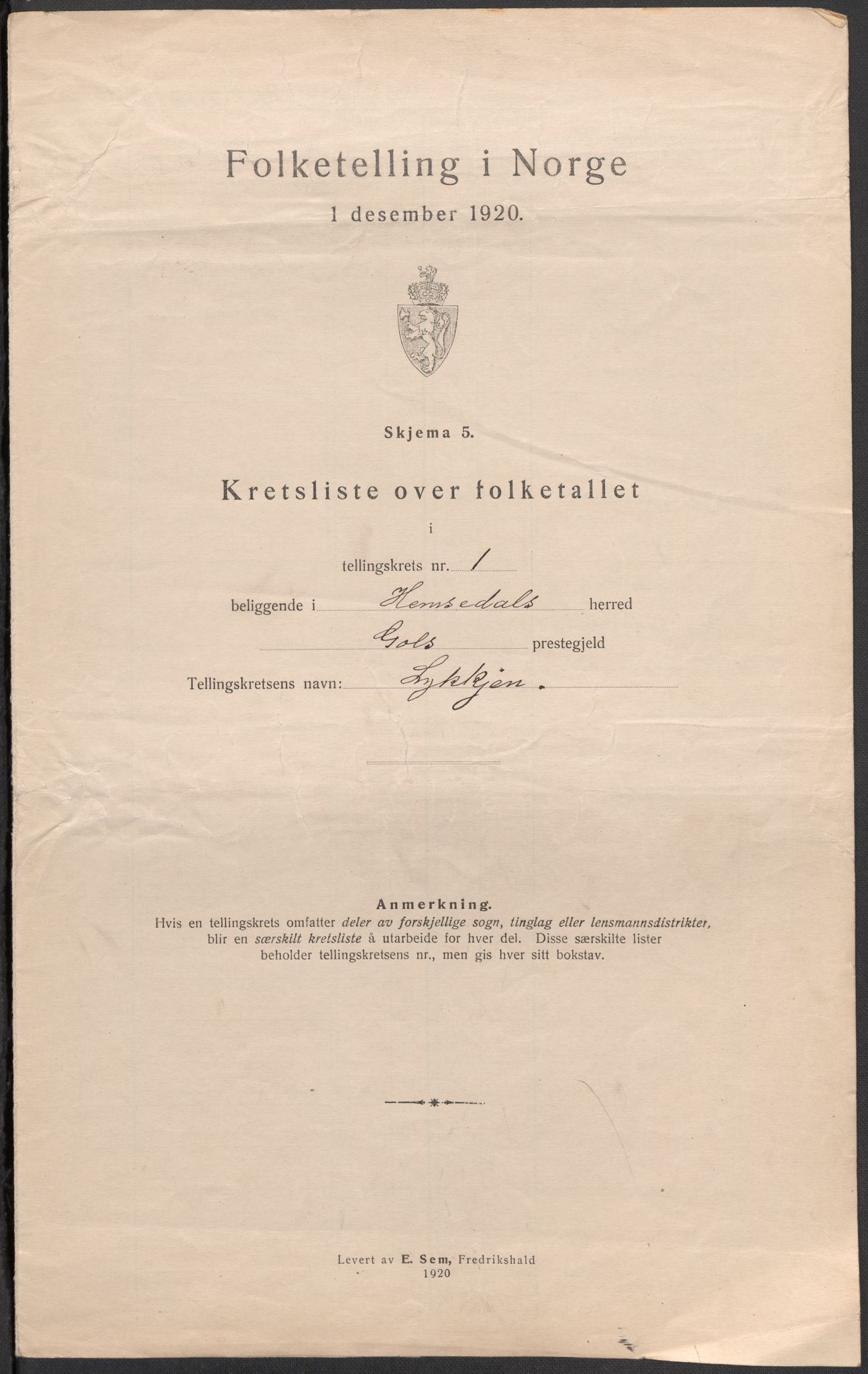 SAKO, 1920 census for Hemsedal, 1920, p. 5