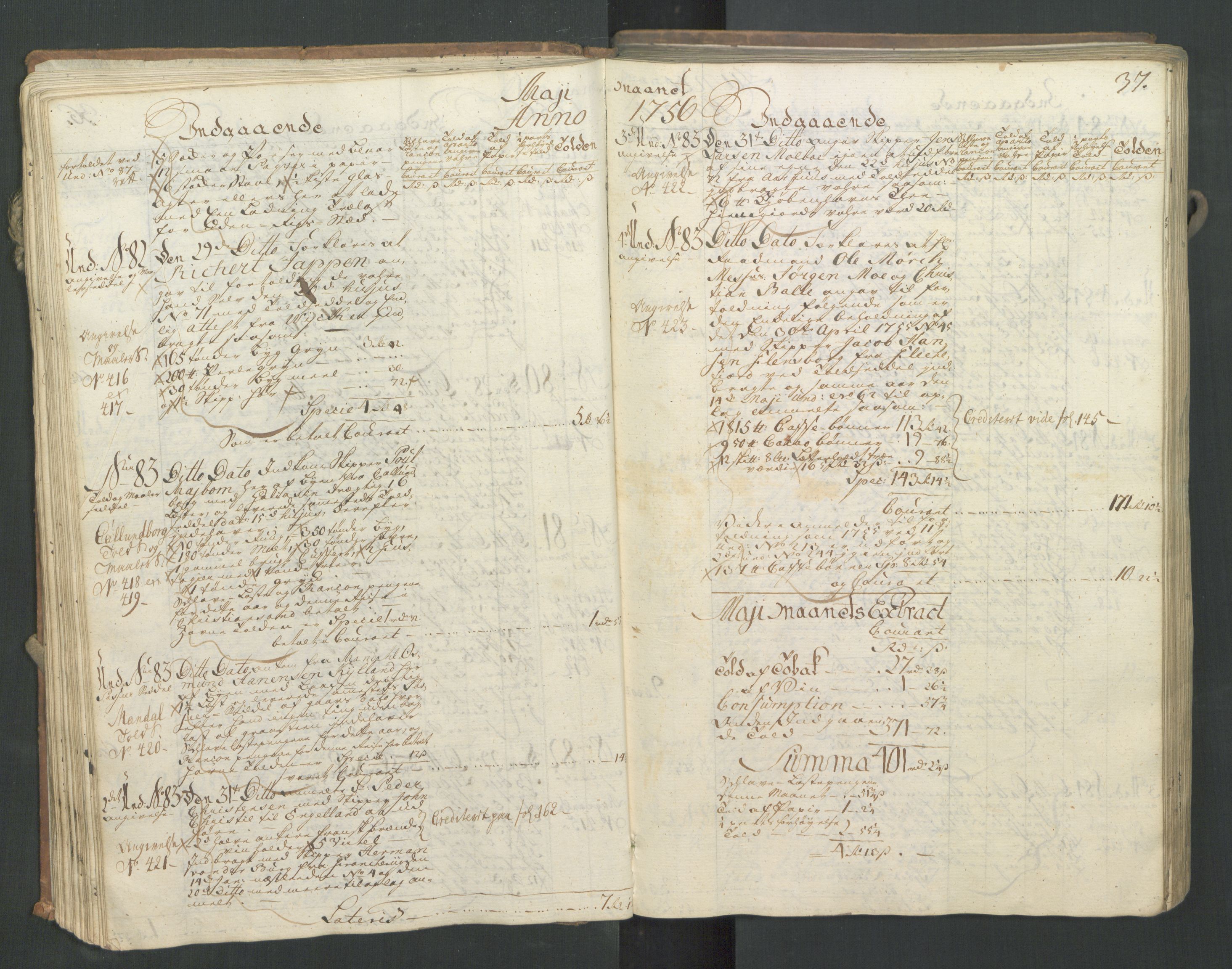 Generaltollkammeret, tollregnskaper, AV/RA-EA-5490/R16/L0033/0001: Tollregnskaper Kristiansand / Inngående hovedtollbok, 1756, p. 36b-37a