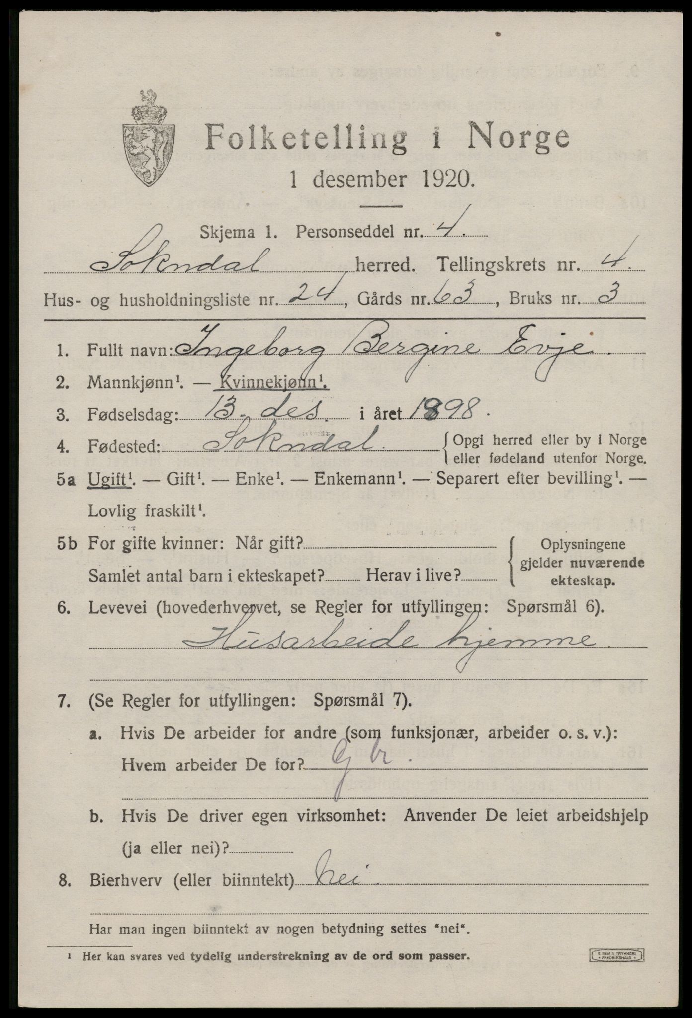 SAST, 1920 census for Sokndal, 1920, p. 3105
