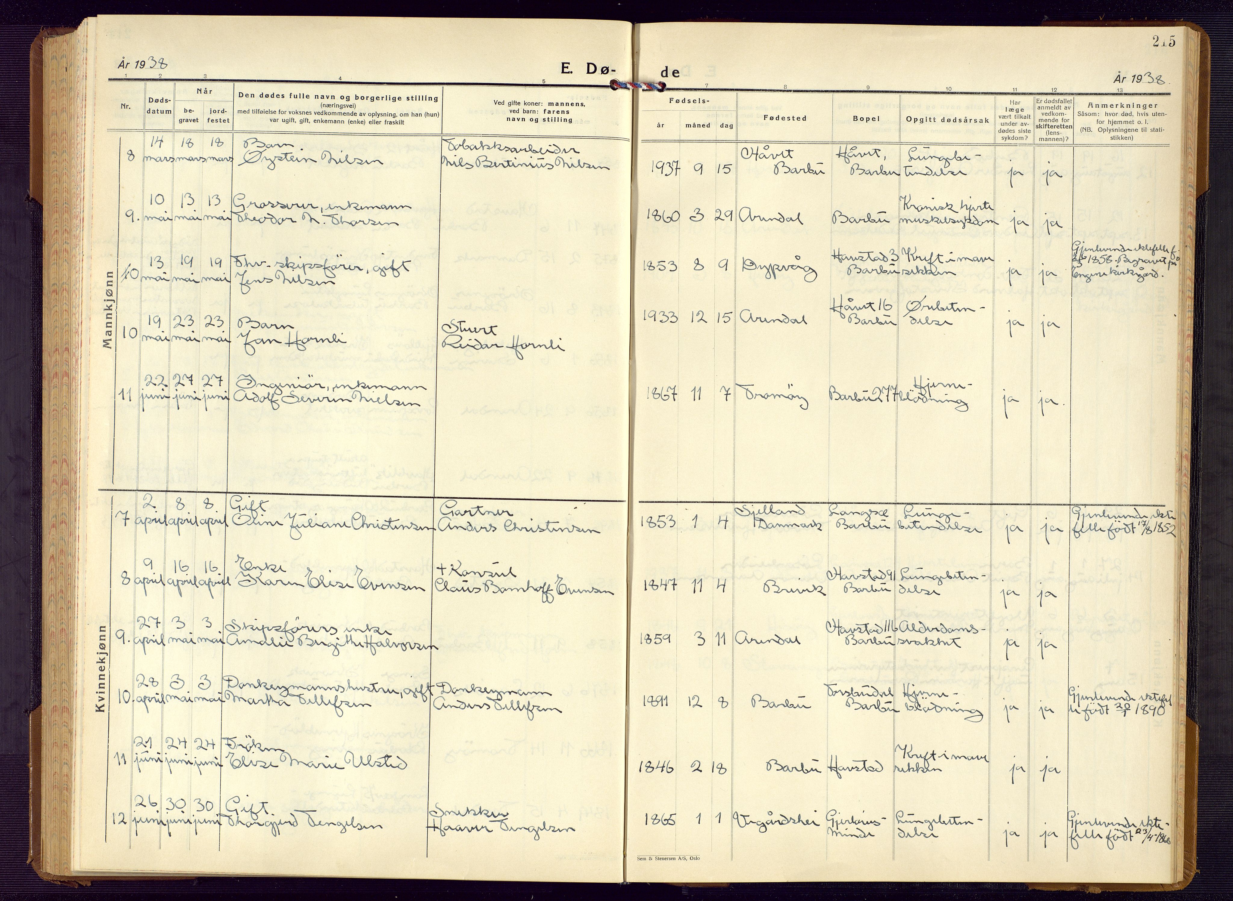 Barbu sokneprestkontor, AV/SAK-1111-0003/F/Fb/L0006: Parish register (copy) no. B 6, 1937-1947, p. 215