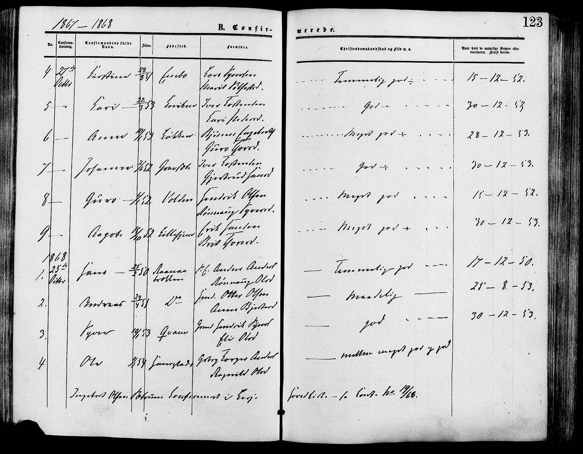 Lesja prestekontor, SAH/PREST-068/H/Ha/Haa/L0009: Parish register (official) no. 9, 1854-1889, p. 123