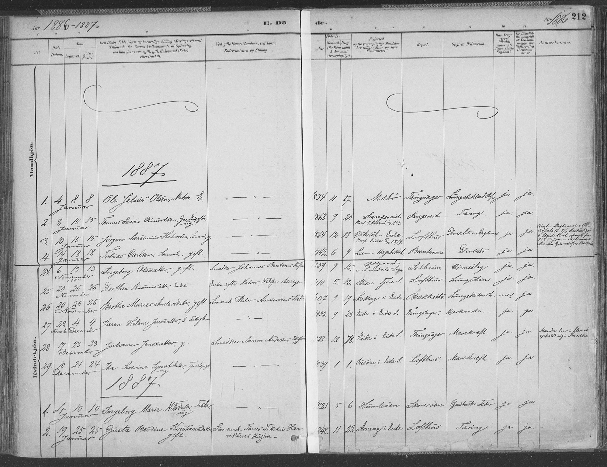Vestre Moland sokneprestkontor, SAK/1111-0046/F/Fa/Fab/L0009: Parish register (official) no. A 9, 1884-1899, p. 212