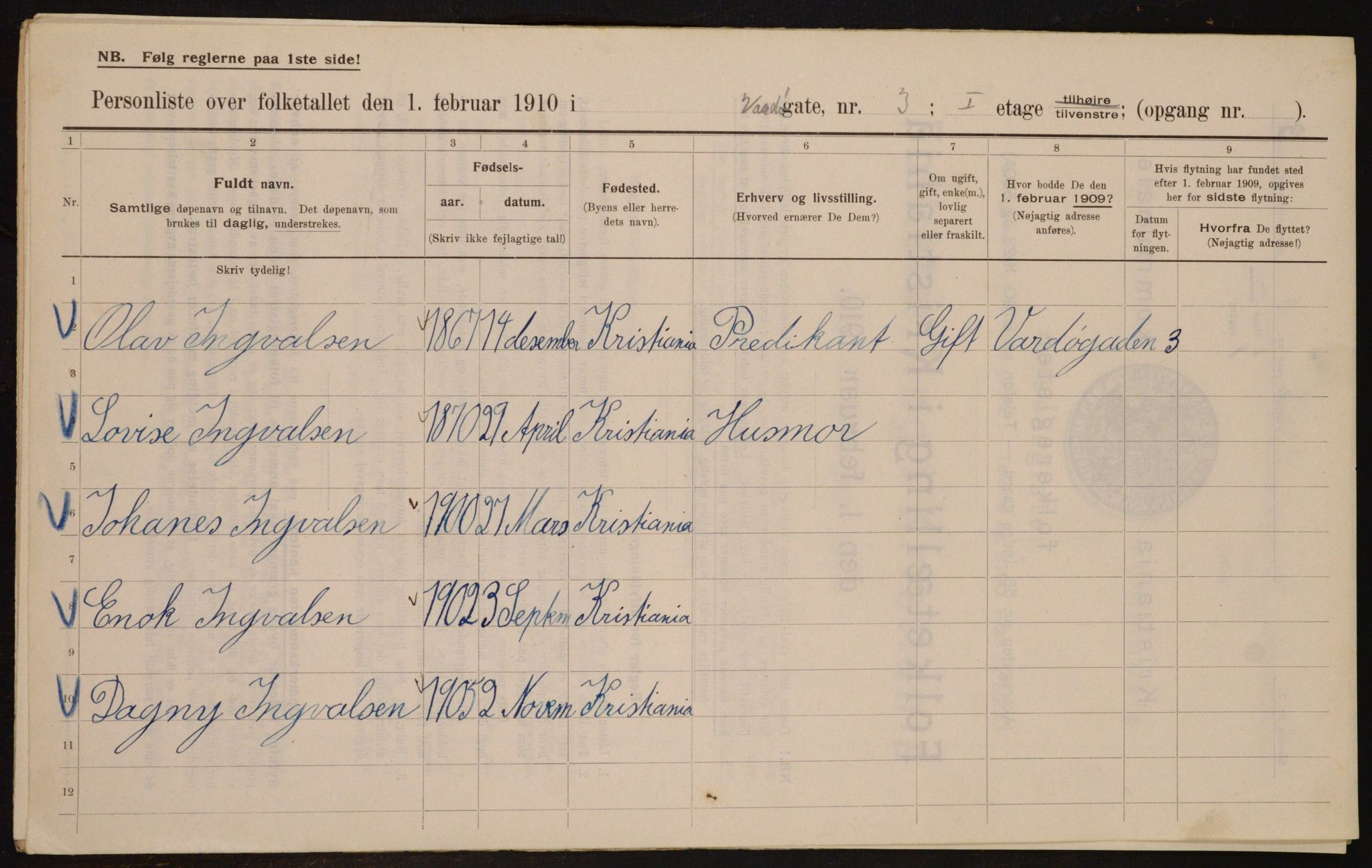 OBA, Municipal Census 1910 for Kristiania, 1910, p. 115507