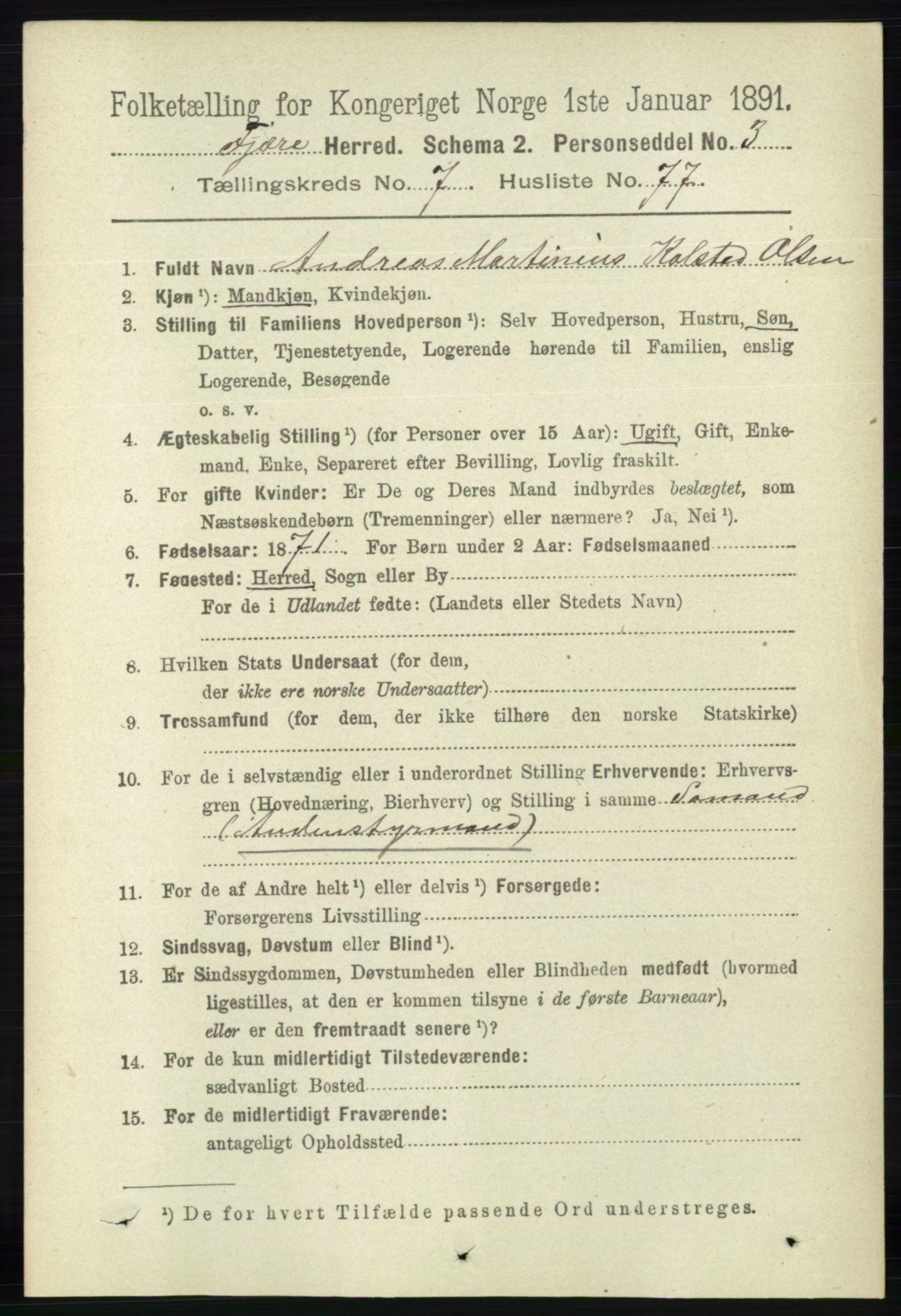 RA, 1891 census for 0923 Fjære, 1891, p. 3666