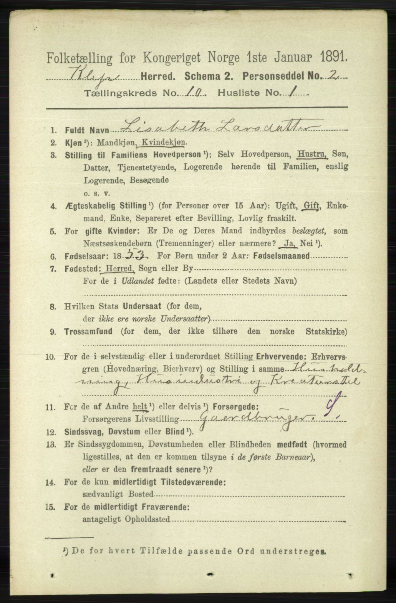 RA, 1891 census for 1120 Klepp, 1891, p. 2853