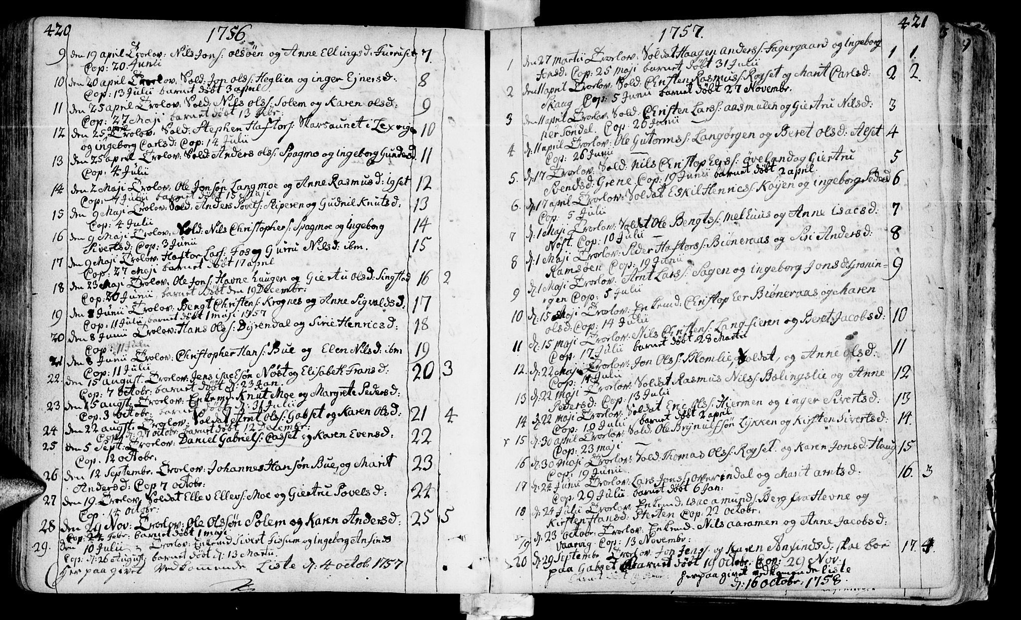 Ministerialprotokoller, klokkerbøker og fødselsregistre - Sør-Trøndelag, SAT/A-1456/646/L0605: Parish register (official) no. 646A03, 1751-1790, p. 420-421