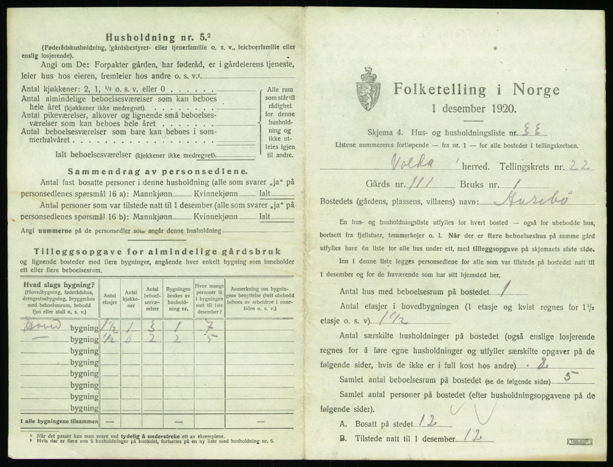 SAT, 1920 census for Volda, 1920, p. 1562