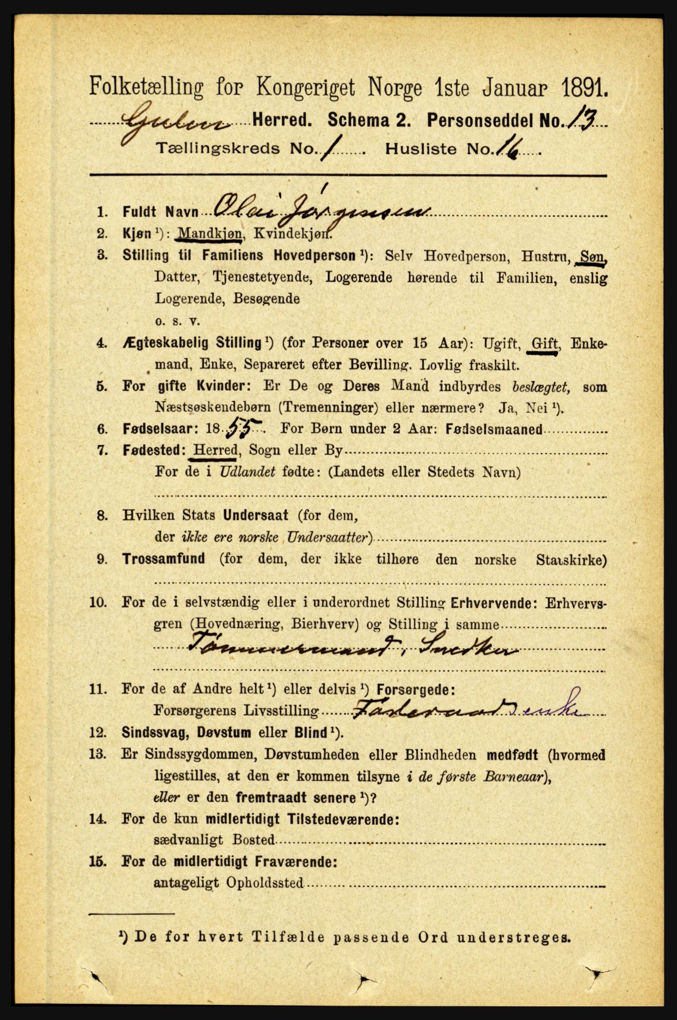 RA, 1891 census for 1411 Gulen, 1891, p. 212