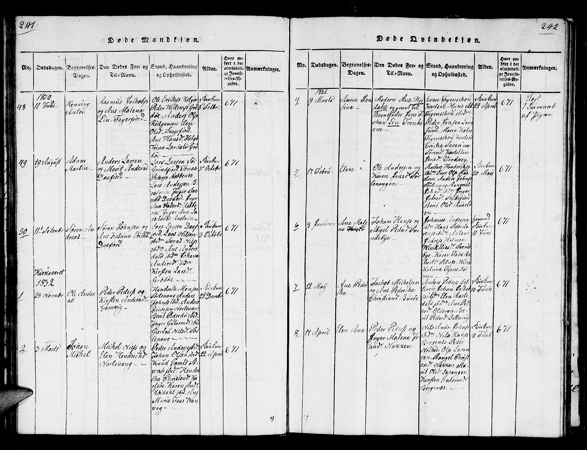 Karlsøy sokneprestembete, AV/SATØ-S-1299/H/Ha/Hab/L0001klokker: Parish register (copy) no. 1, 1821-1840, p. 241-242