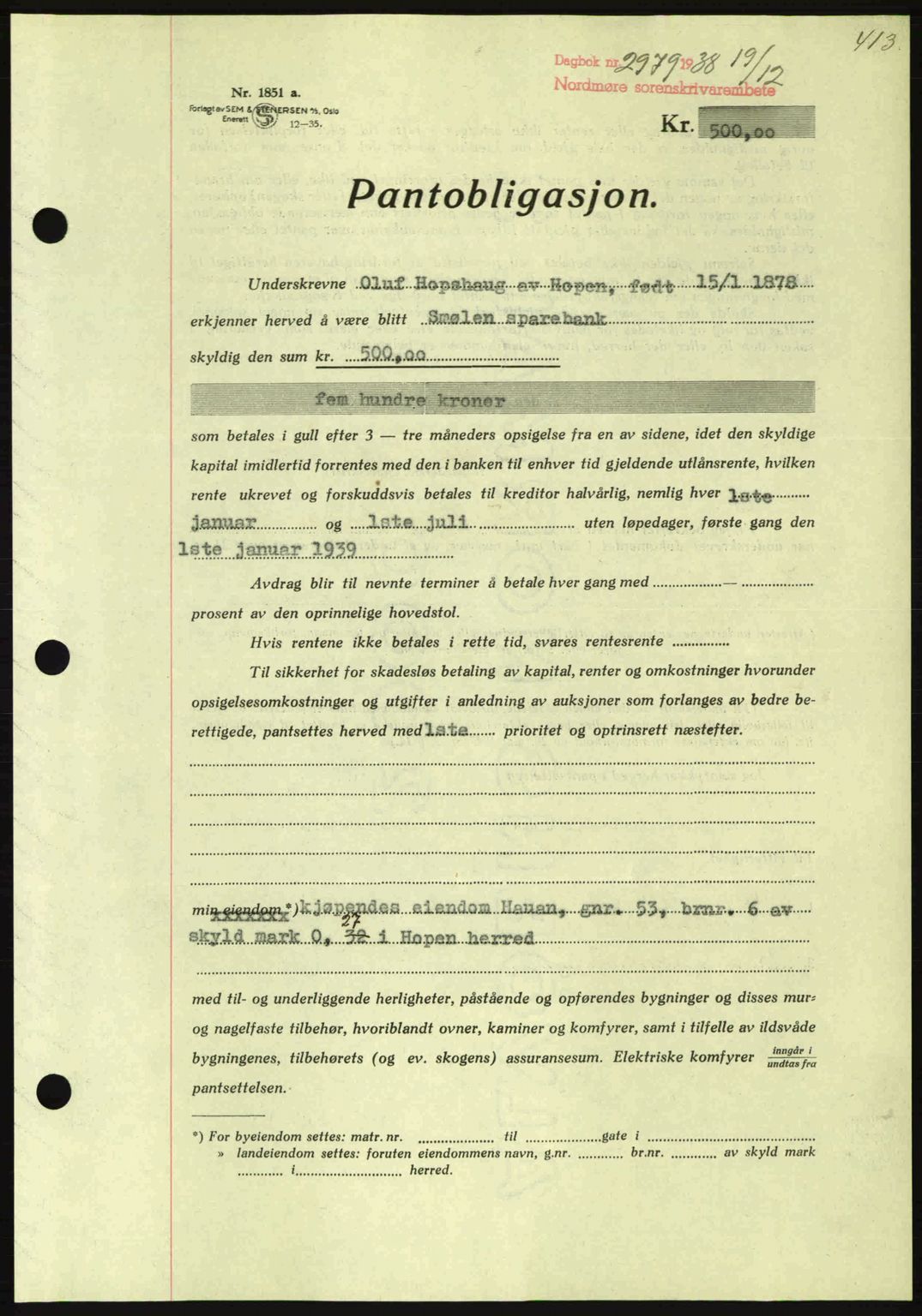 Nordmøre sorenskriveri, SAT/A-4132/1/2/2Ca: Mortgage book no. B84, 1938-1939, Diary no: : 2979/1938