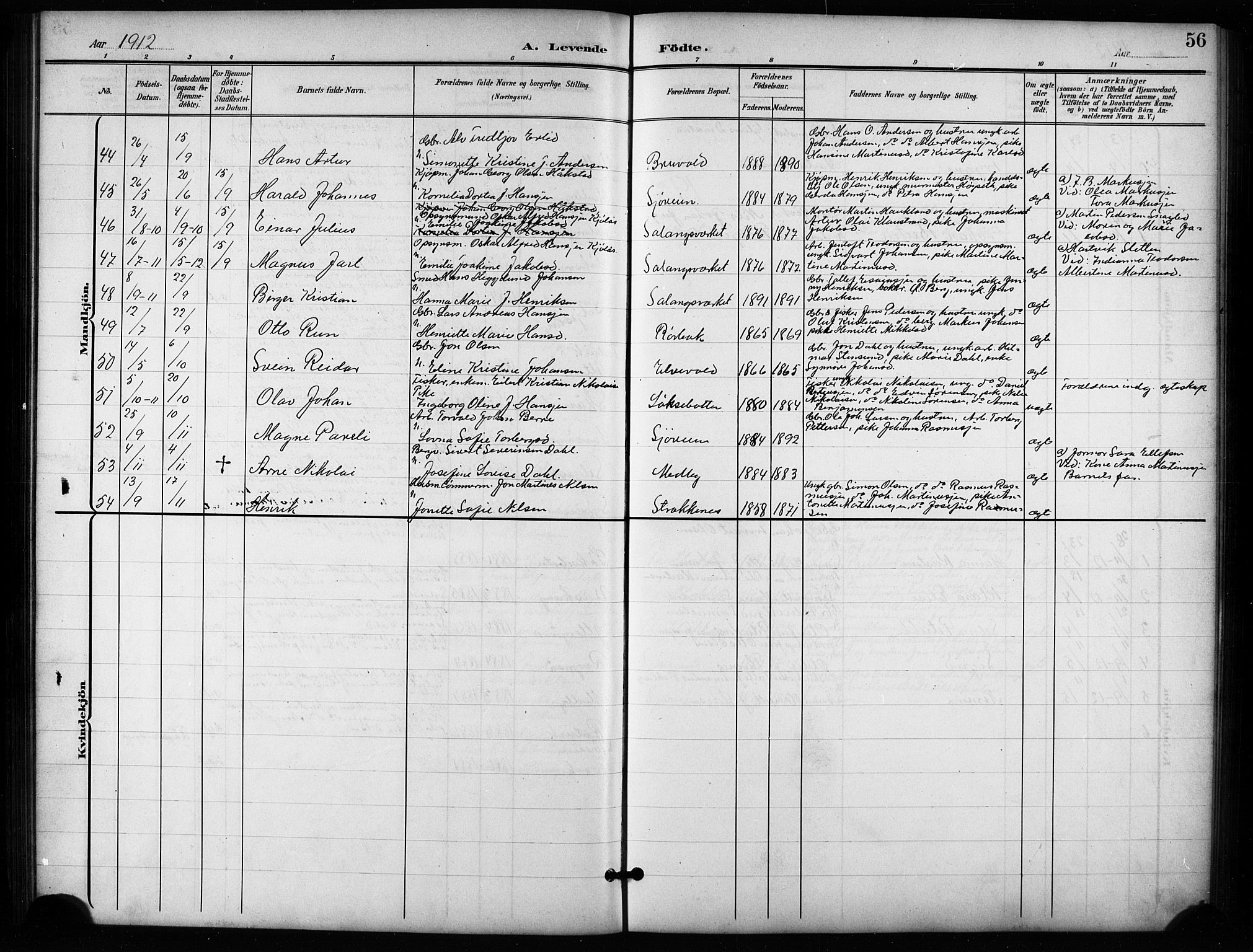 Salangen sokneprestembete, AV/SATØ-S-1324/H/Hb/L0004klokker: Parish register (copy) no. 4, 1900-1924, p. 56