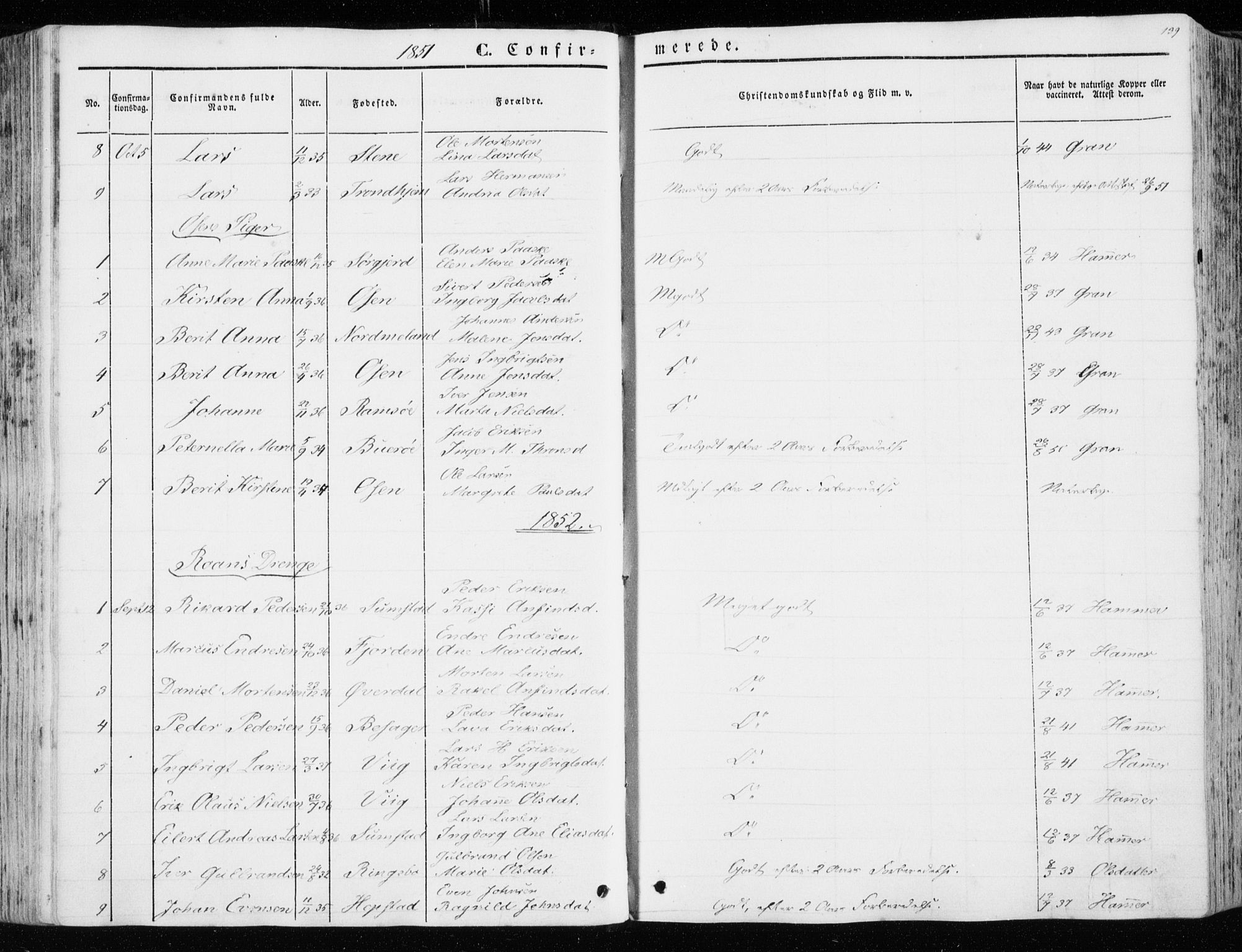 Ministerialprotokoller, klokkerbøker og fødselsregistre - Sør-Trøndelag, SAT/A-1456/657/L0704: Parish register (official) no. 657A05, 1846-1857, p. 139