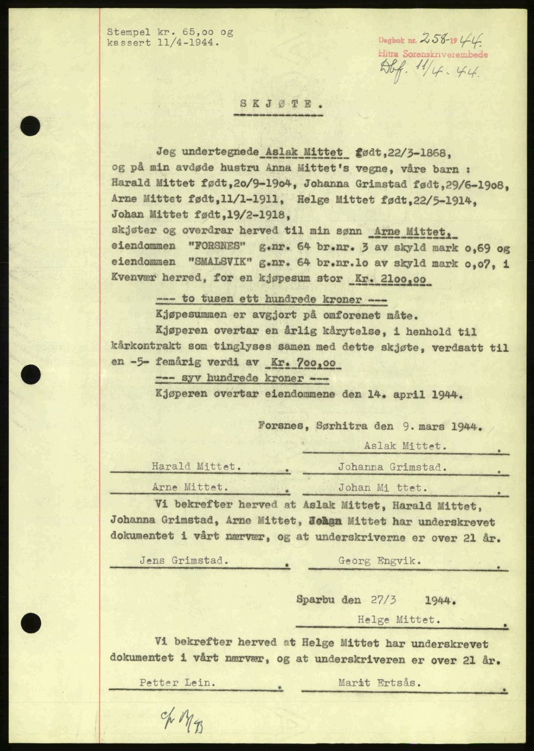 Hitra sorenskriveri, AV/SAT-A-0018/2/2C/2Ca: Mortgage book no. A2, 1943-1945, Diary no: : 258/1944