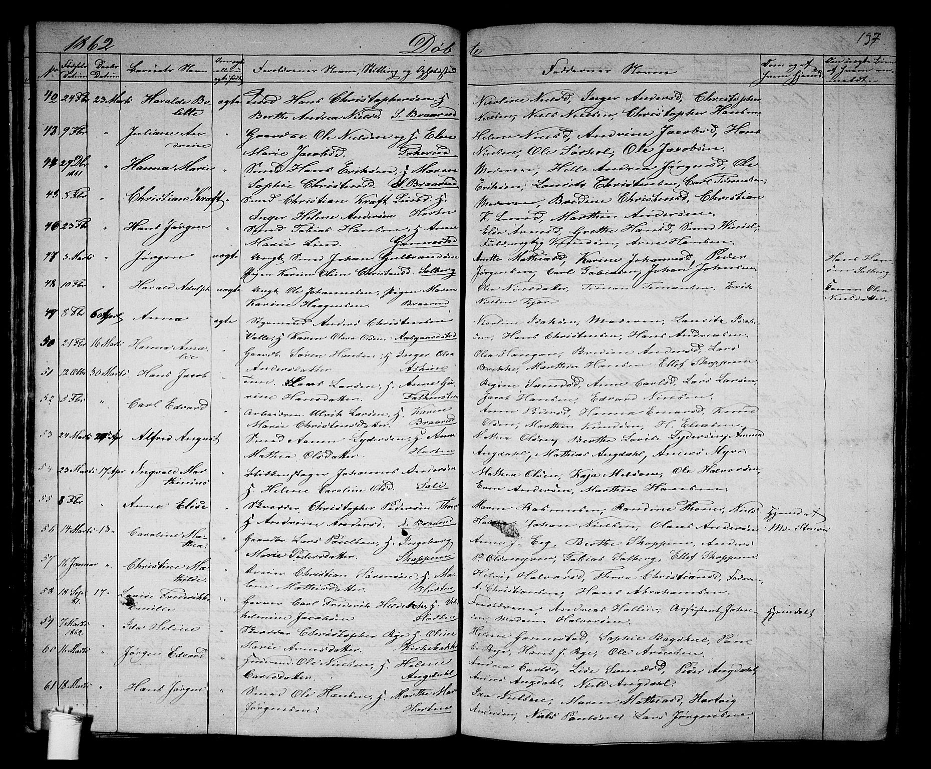 Borre kirkebøker, AV/SAKO-A-338/G/Ga/L0002: Parish register (copy) no. I 2, 1852-1871, p. 137