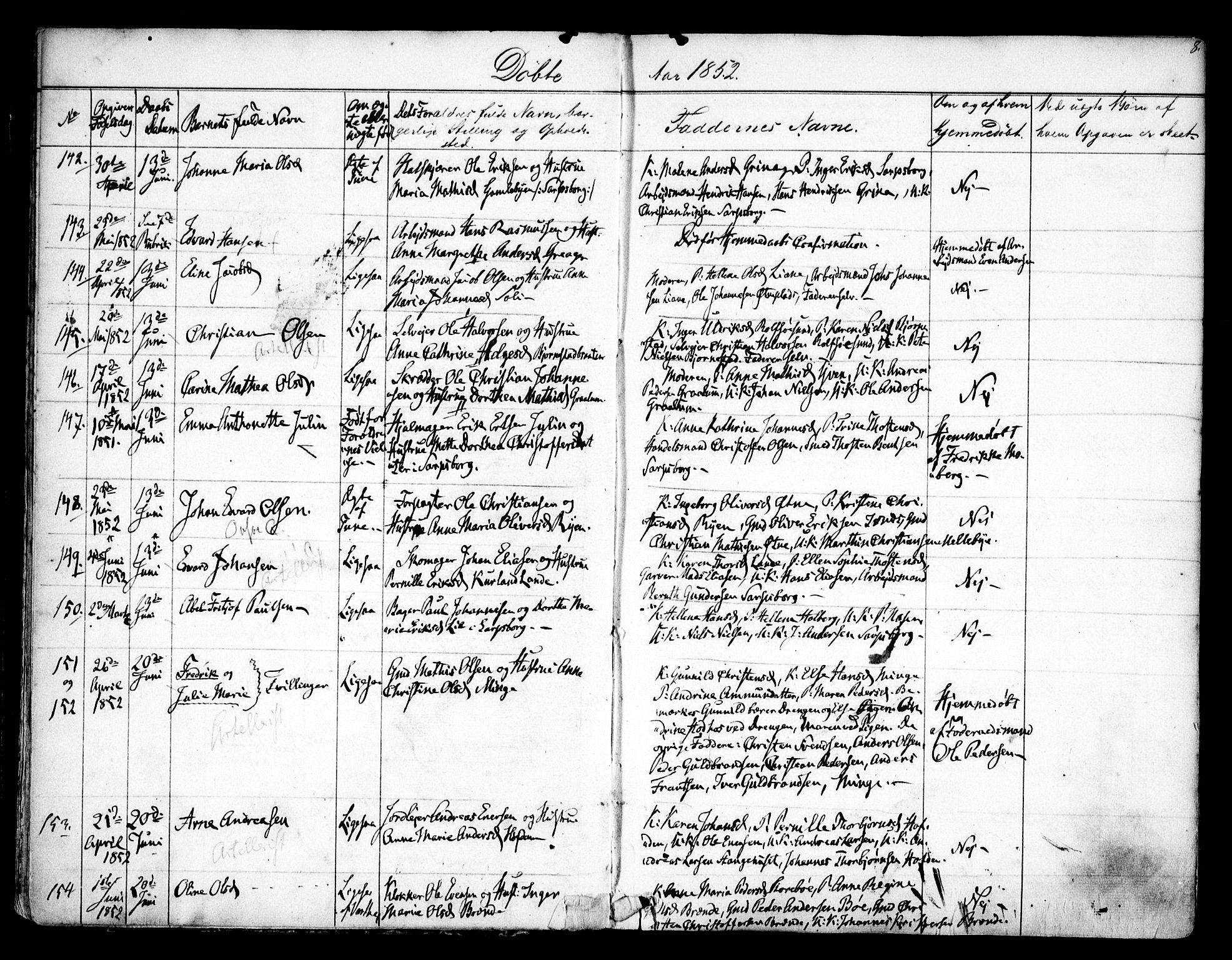 Tune prestekontor Kirkebøker, AV/SAO-A-2007/F/Fa/L0011: Parish register (official) no. 11, 1852-1856, p. 8