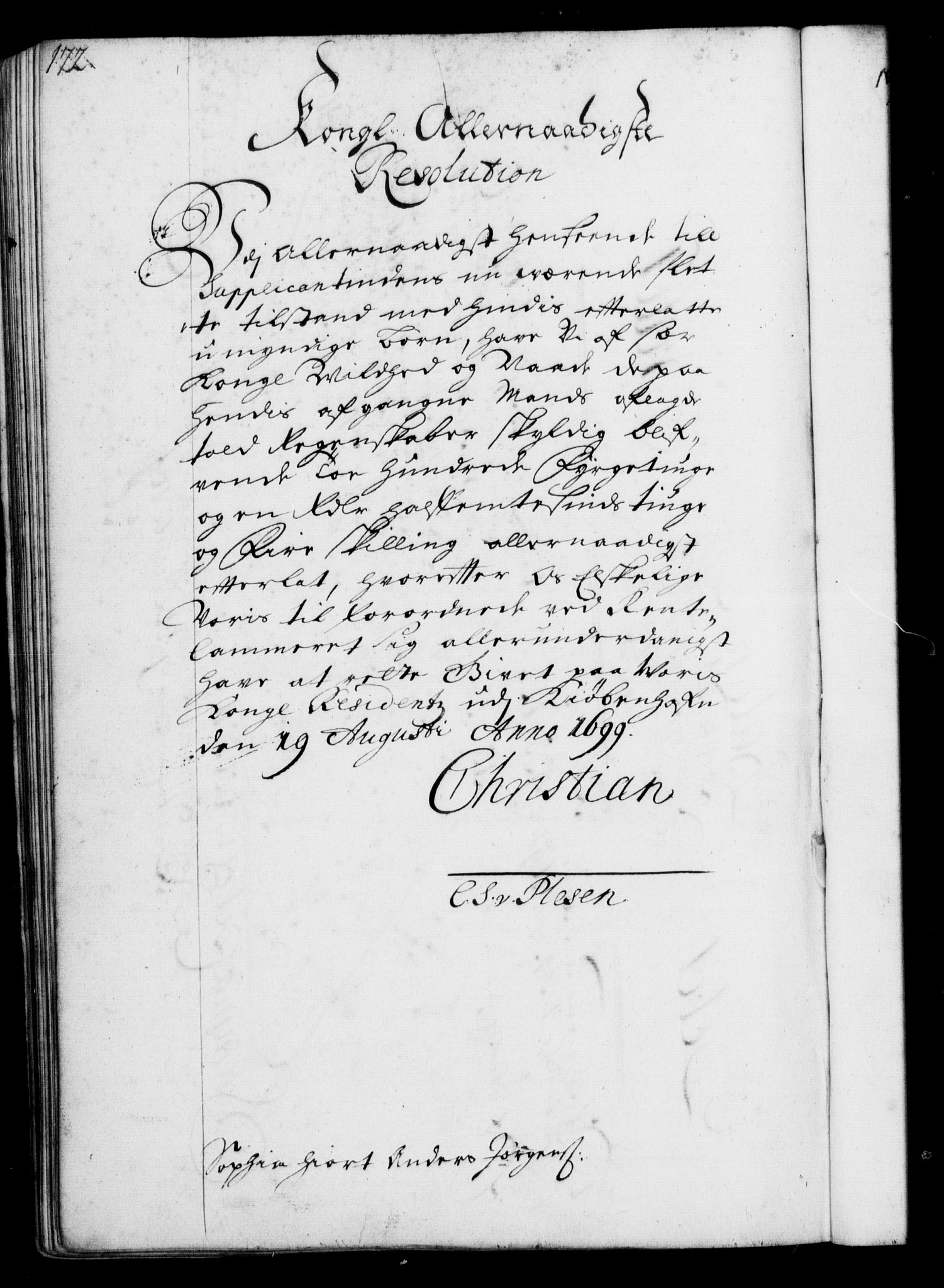 Rentekammeret, Kammerkanselliet, RA/EA-3111/G/Gf/Gfa/L0001: Resolusjonsprotokoll med register (merket RK 52.1), 1695-1706, p. 172