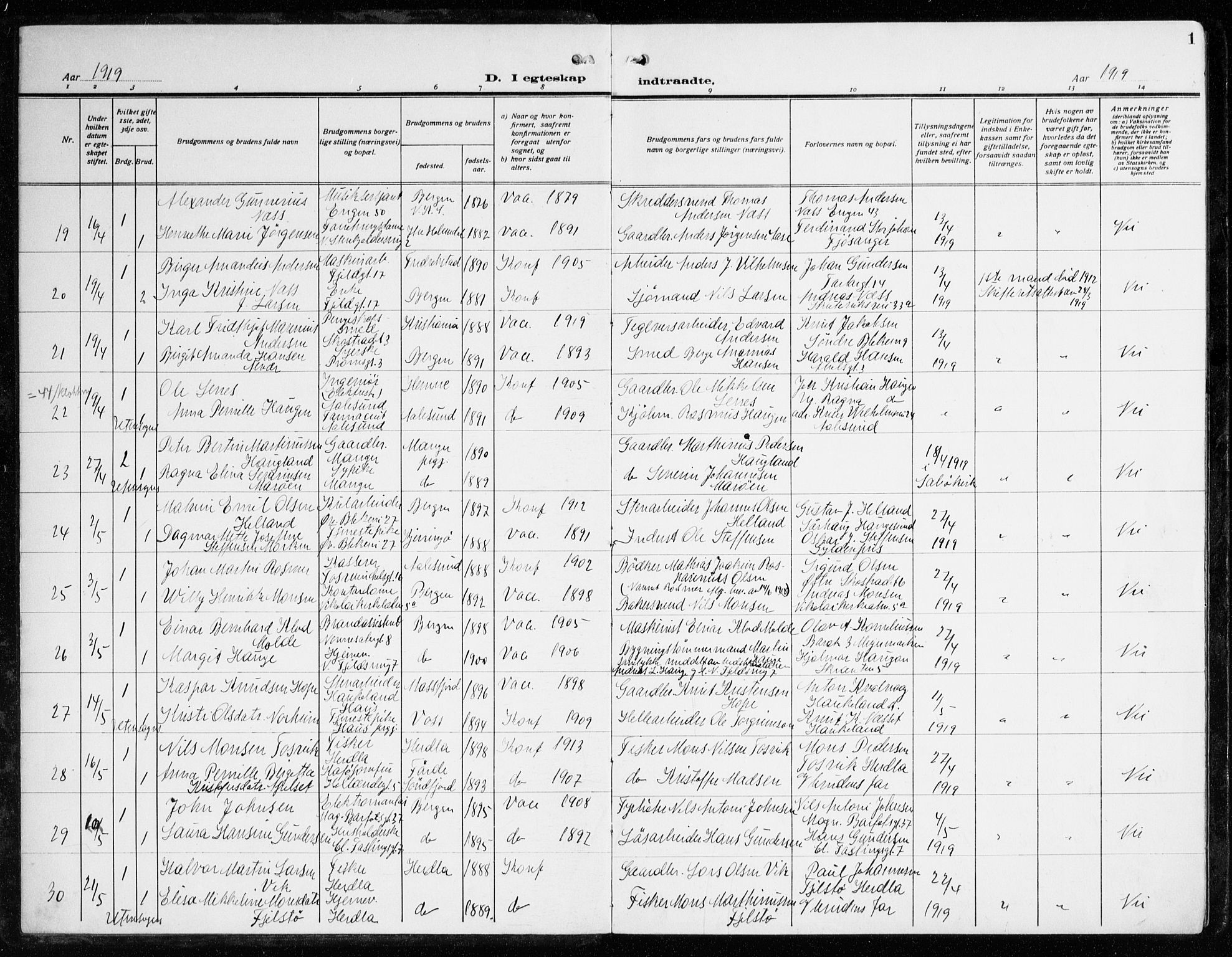 Korskirken sokneprestembete, AV/SAB-A-76101/H/Haa/L0039: Parish register (official) no. D 6, 1919-1938, p. 1