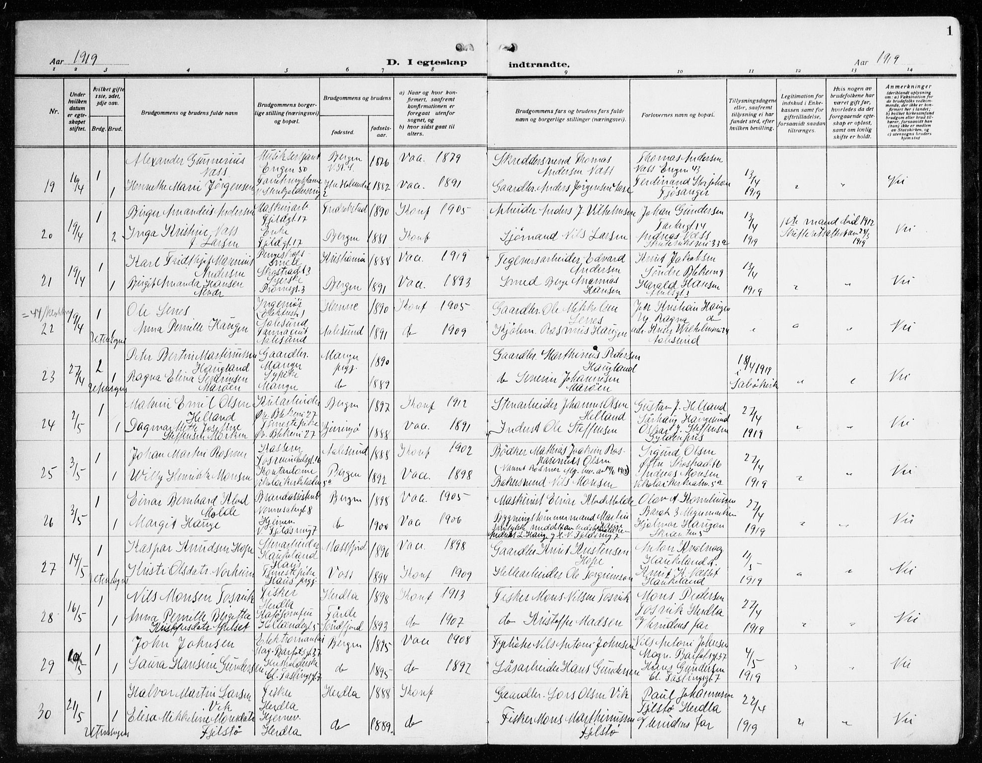 Korskirken sokneprestembete, SAB/A-76101/H/Haa/L0039: Parish register (official) no. D 6, 1919-1938, p. 1