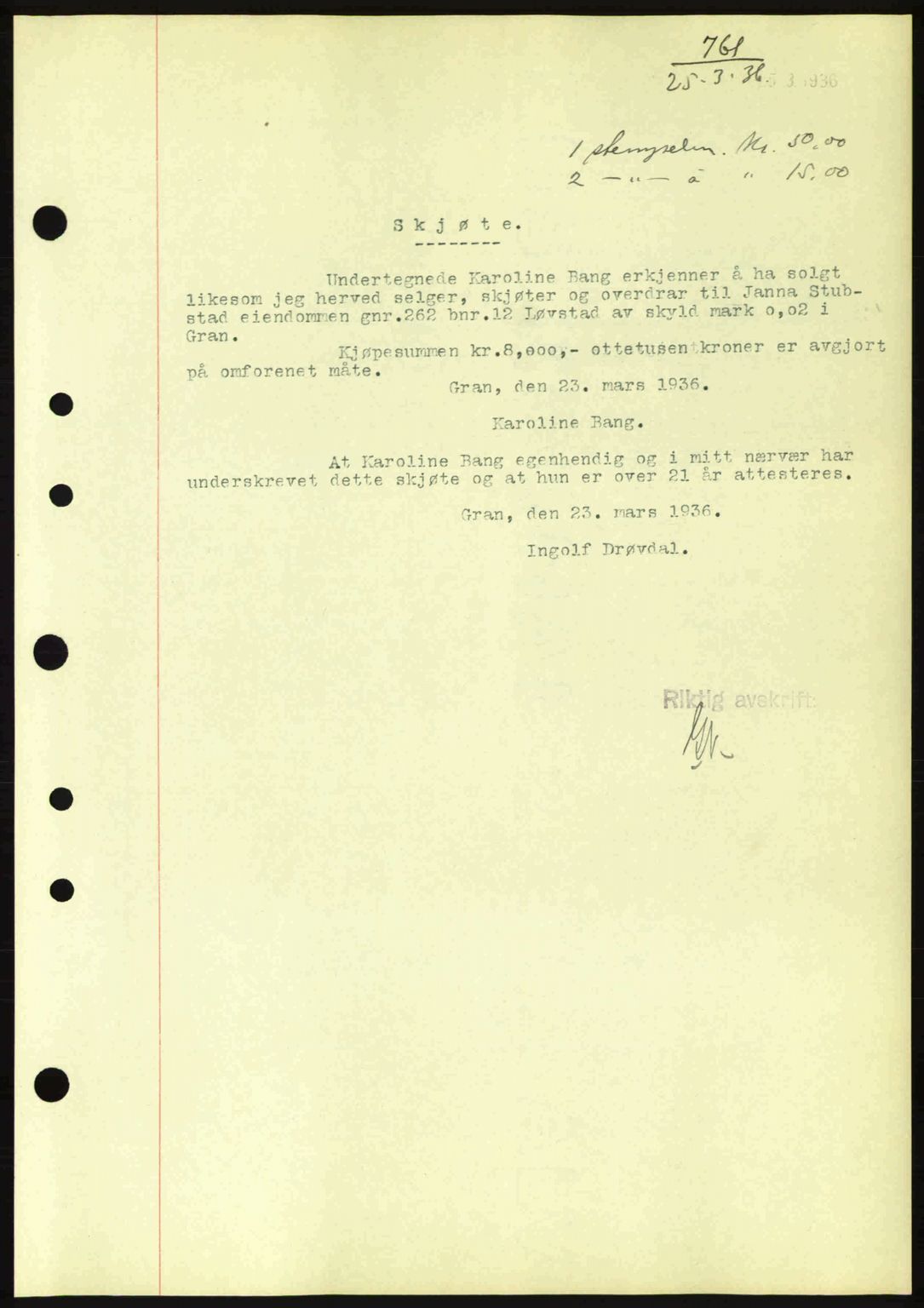 Hadeland og Land tingrett, AV/SAH-TING-010/H/Hb/Hbb/L0072: Mortgage book no. A72, 1936-1936, Diary no: : 761/1936