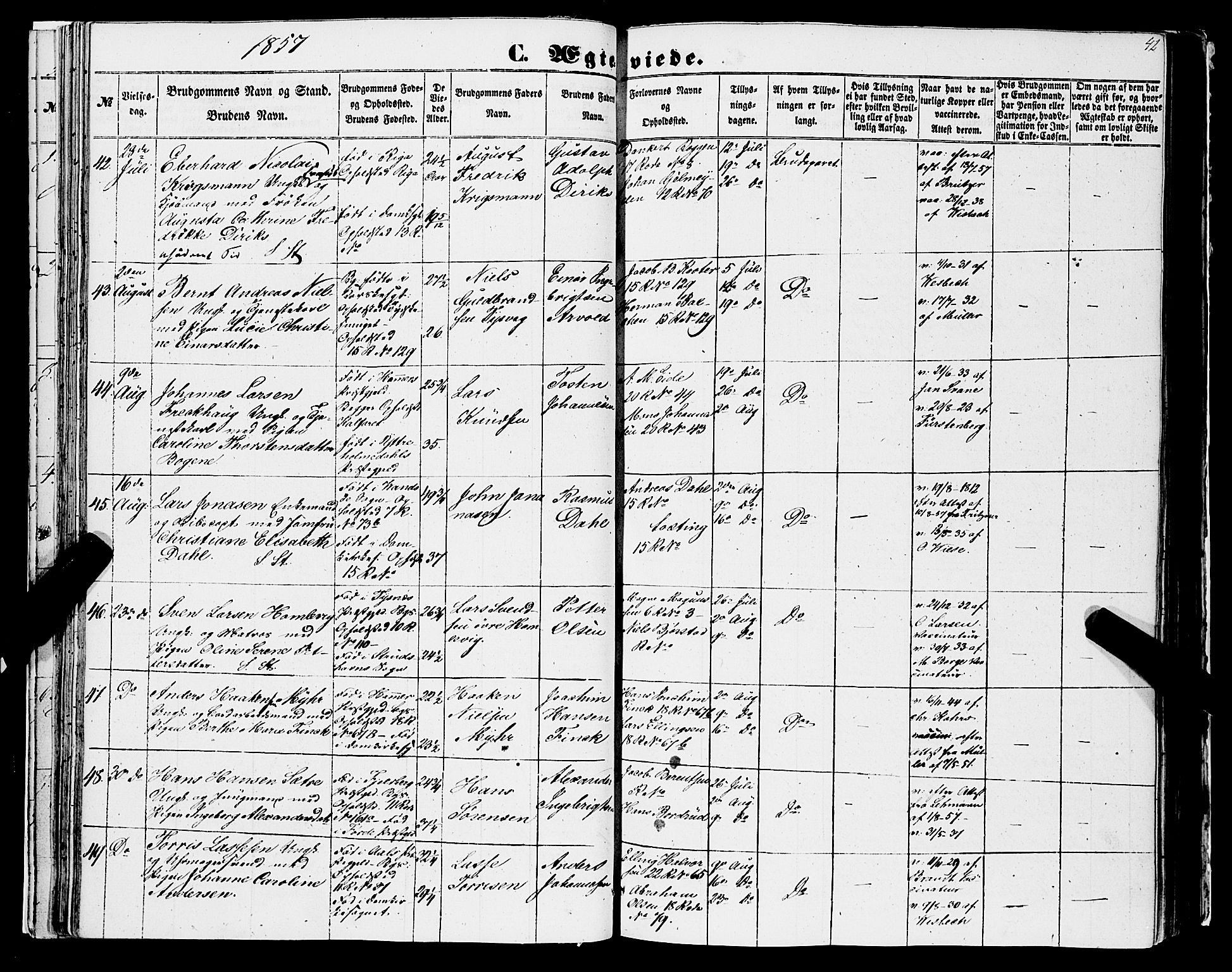 Domkirken sokneprestembete, AV/SAB-A-74801/H/Haa/L0034: Parish register (official) no. D 2, 1853-1874, p. 42