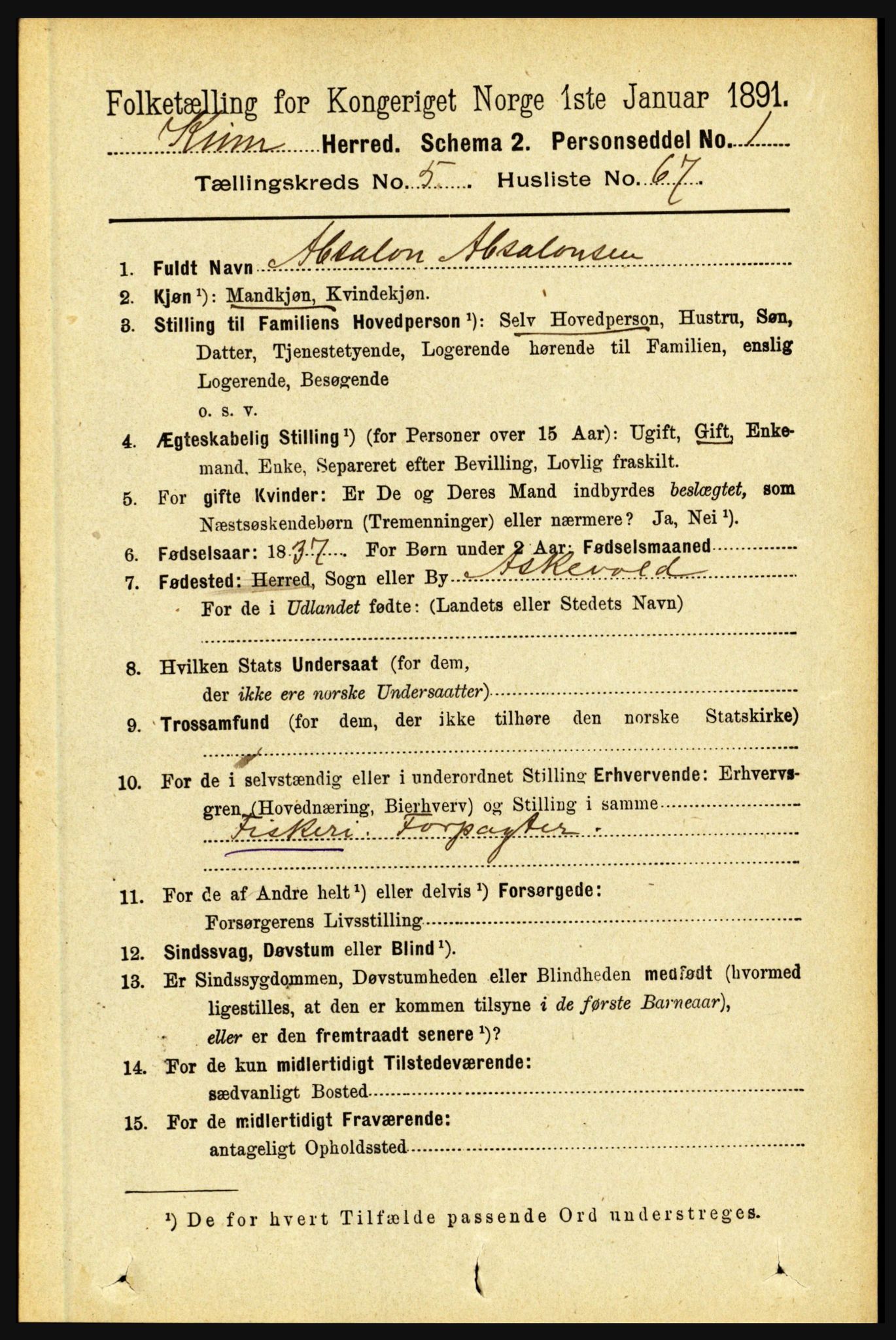 RA, 1891 census for 1437 Kinn, 1891, p. 2173