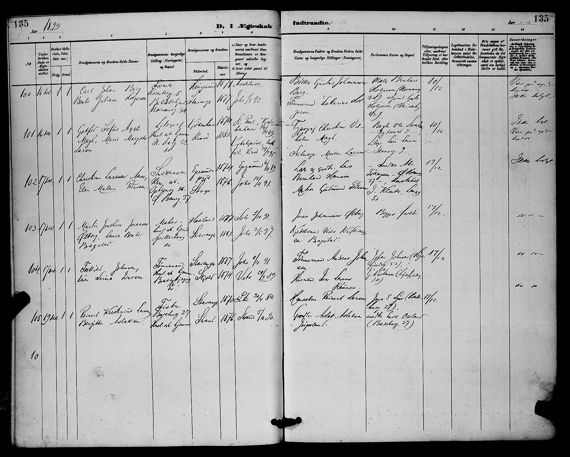 St. Johannes sokneprestkontor, AV/SAST-A-101814/001/30/30BB/L0002: Parish register (copy) no. B 2, 1888-1901, p. 135