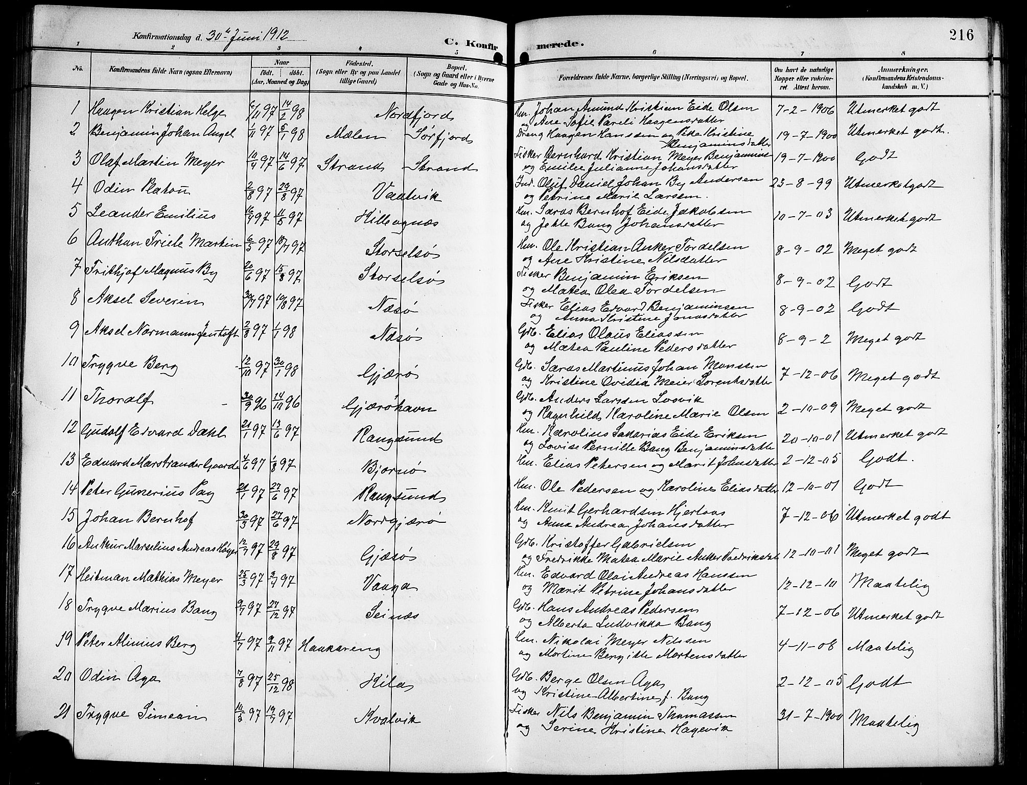 Ministerialprotokoller, klokkerbøker og fødselsregistre - Nordland, SAT/A-1459/841/L0621: Parish register (copy) no. 841C05, 1897-1923, p. 216