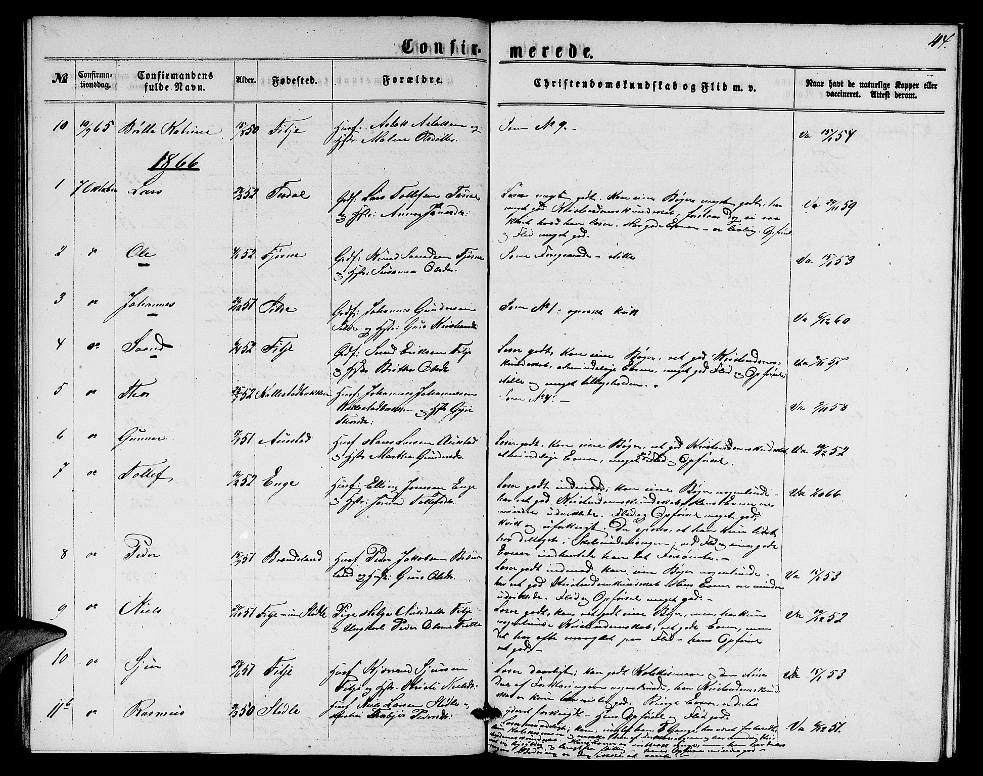 Etne sokneprestembete, SAB/A-75001/H/Hab: Parish register (copy) no. A 3, 1863-1873, p. 44