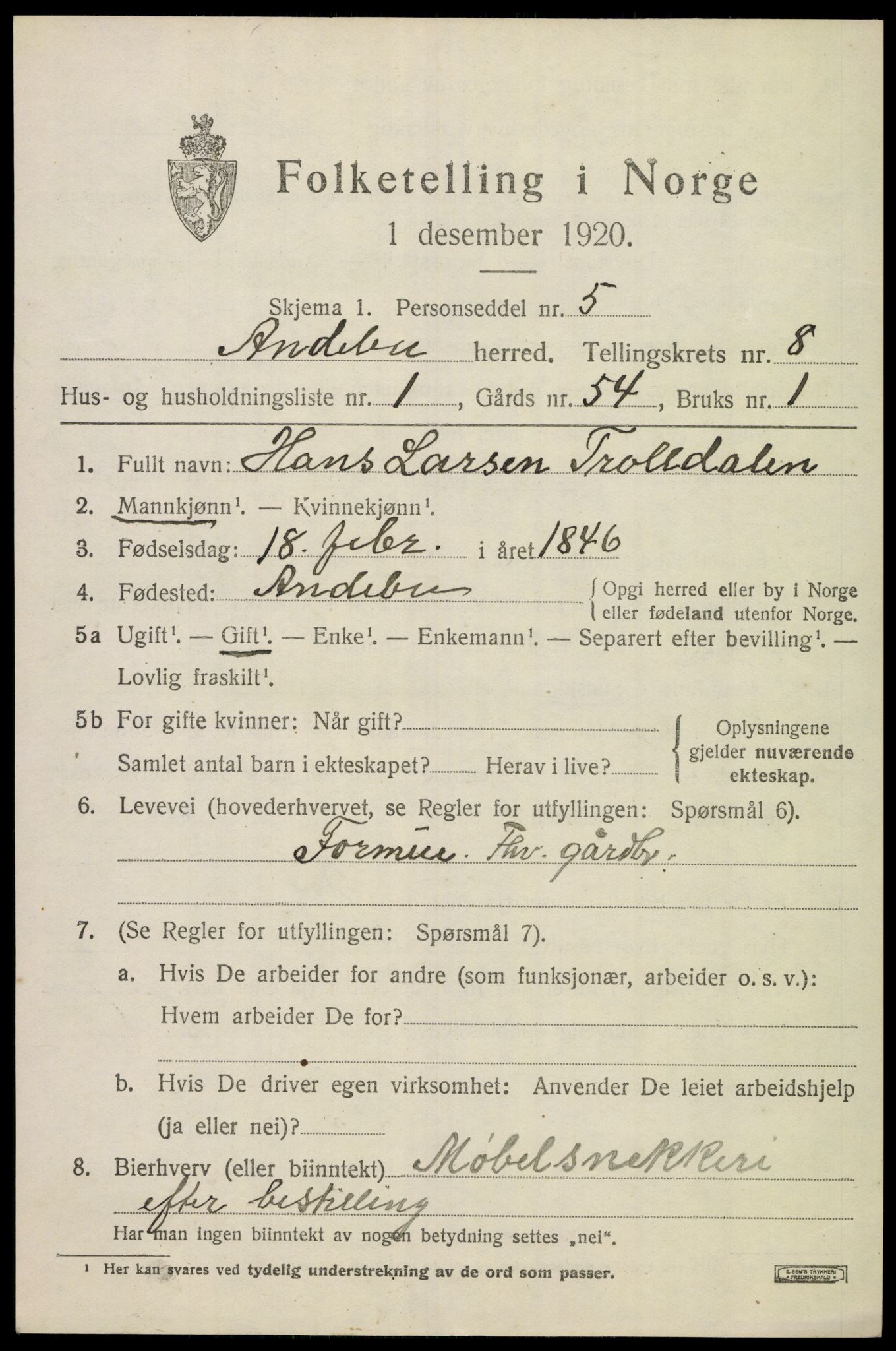 SAKO, 1920 census for Andebu, 1920, p. 3498