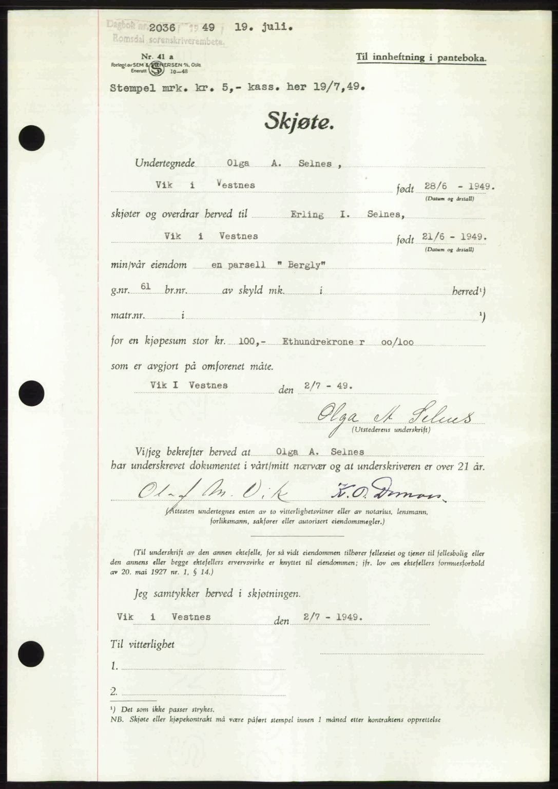 Romsdal sorenskriveri, AV/SAT-A-4149/1/2/2C: Mortgage book no. A30, 1949-1949, Diary no: : 2036/1949