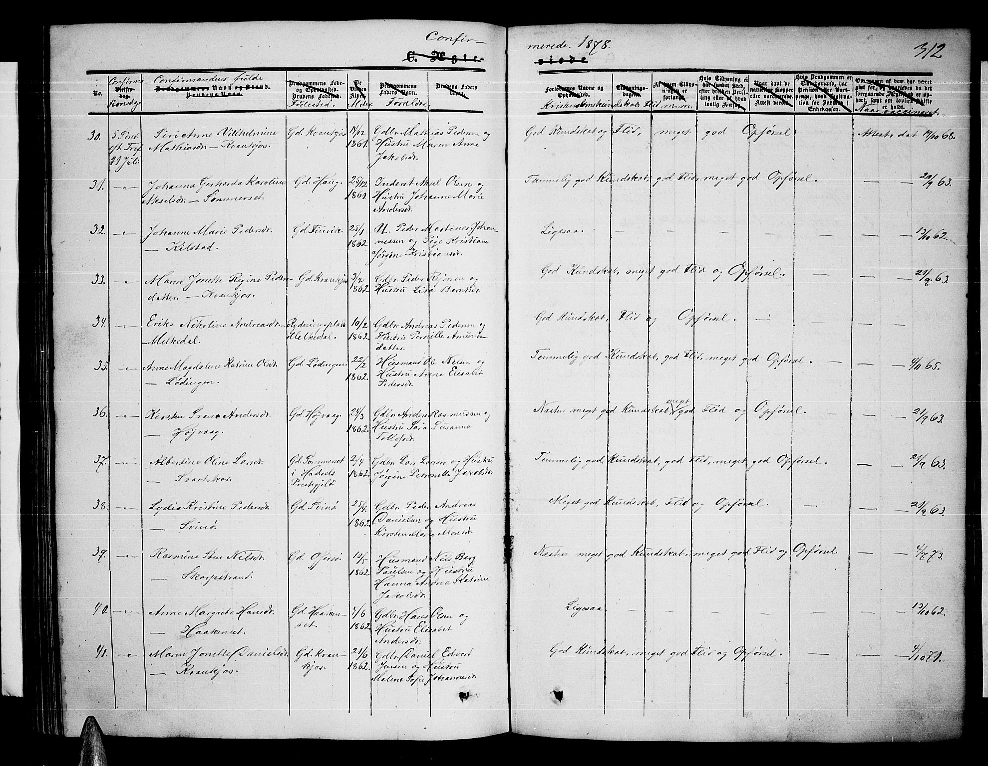 Ministerialprotokoller, klokkerbøker og fødselsregistre - Nordland, AV/SAT-A-1459/872/L1046: Parish register (copy) no. 872C02, 1852-1879, p. 312