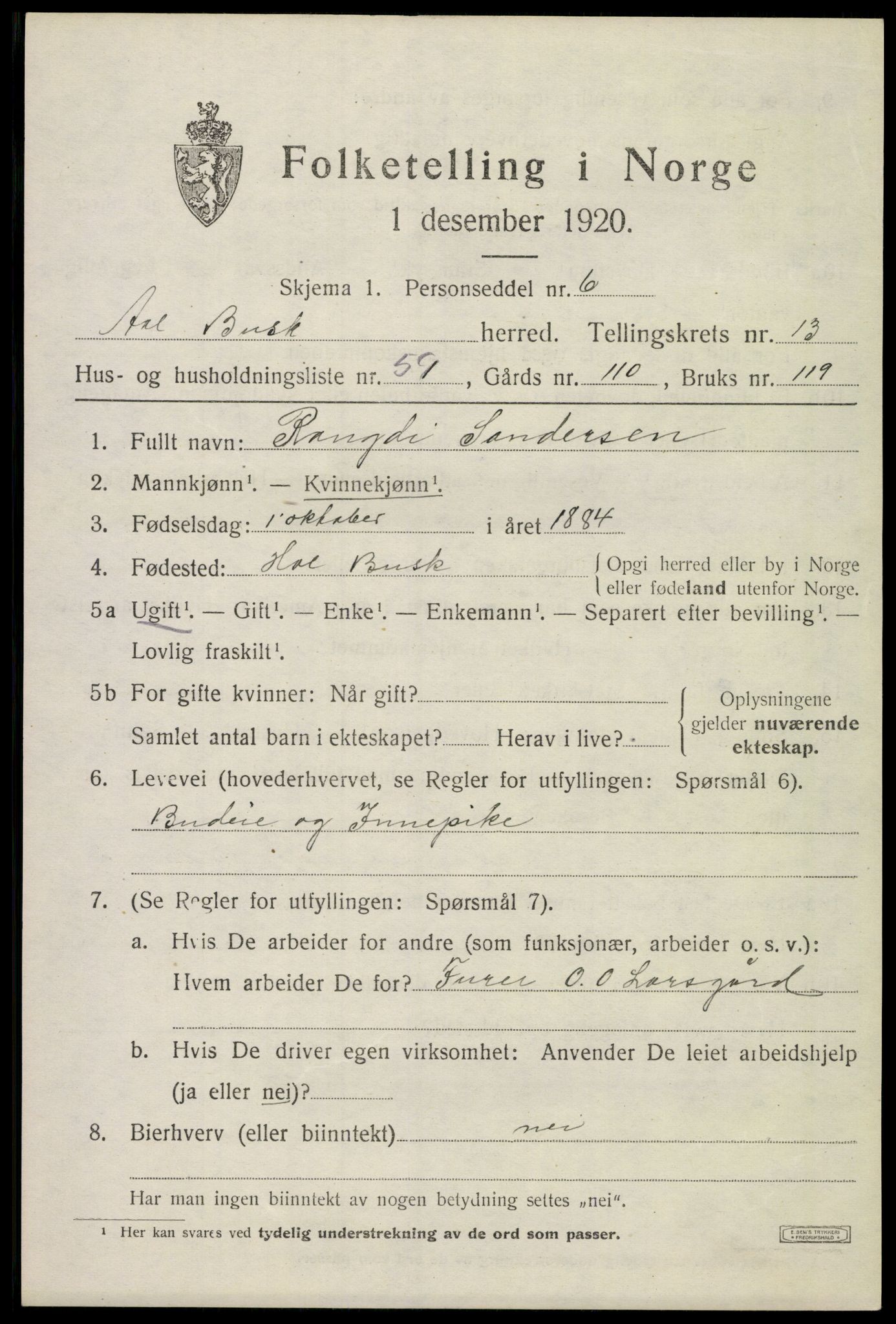 SAKO, 1920 census for Ål, 1920, p. 8064