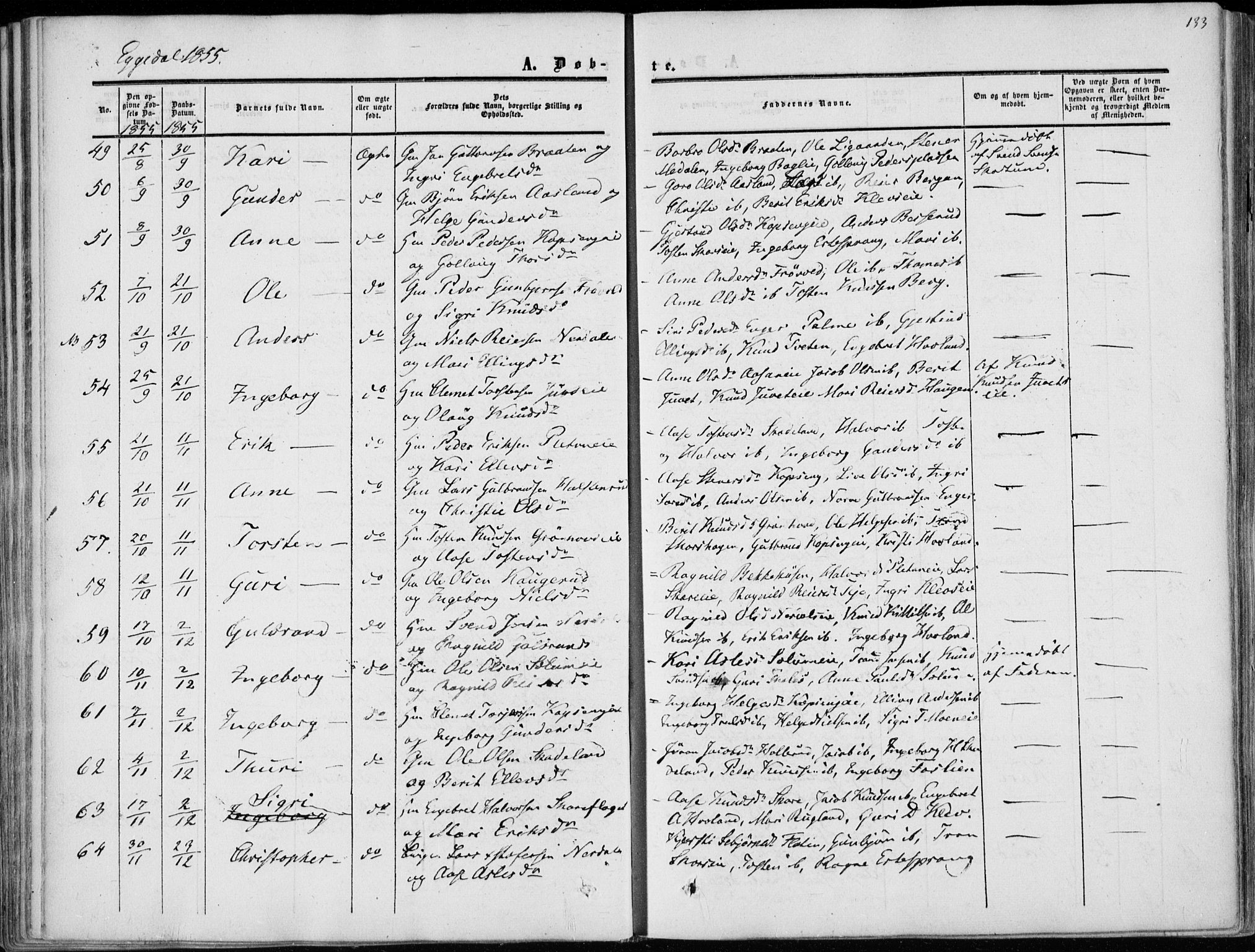 Sigdal kirkebøker, SAKO/A-245/F/Fa/L0008: Parish register (official) no. I 8, 1850-1859, p. 133